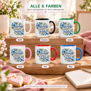 Herzbotschaft Freundschaft Tasse – Freundschaft ist der Anker, der hält, wenn das Leben stürmt – Kaffeetasse mit blauen Blumen und Herzen – Geschenk für beste Freundin, Freund, BFF und Lieblingsmensch – 330 ml