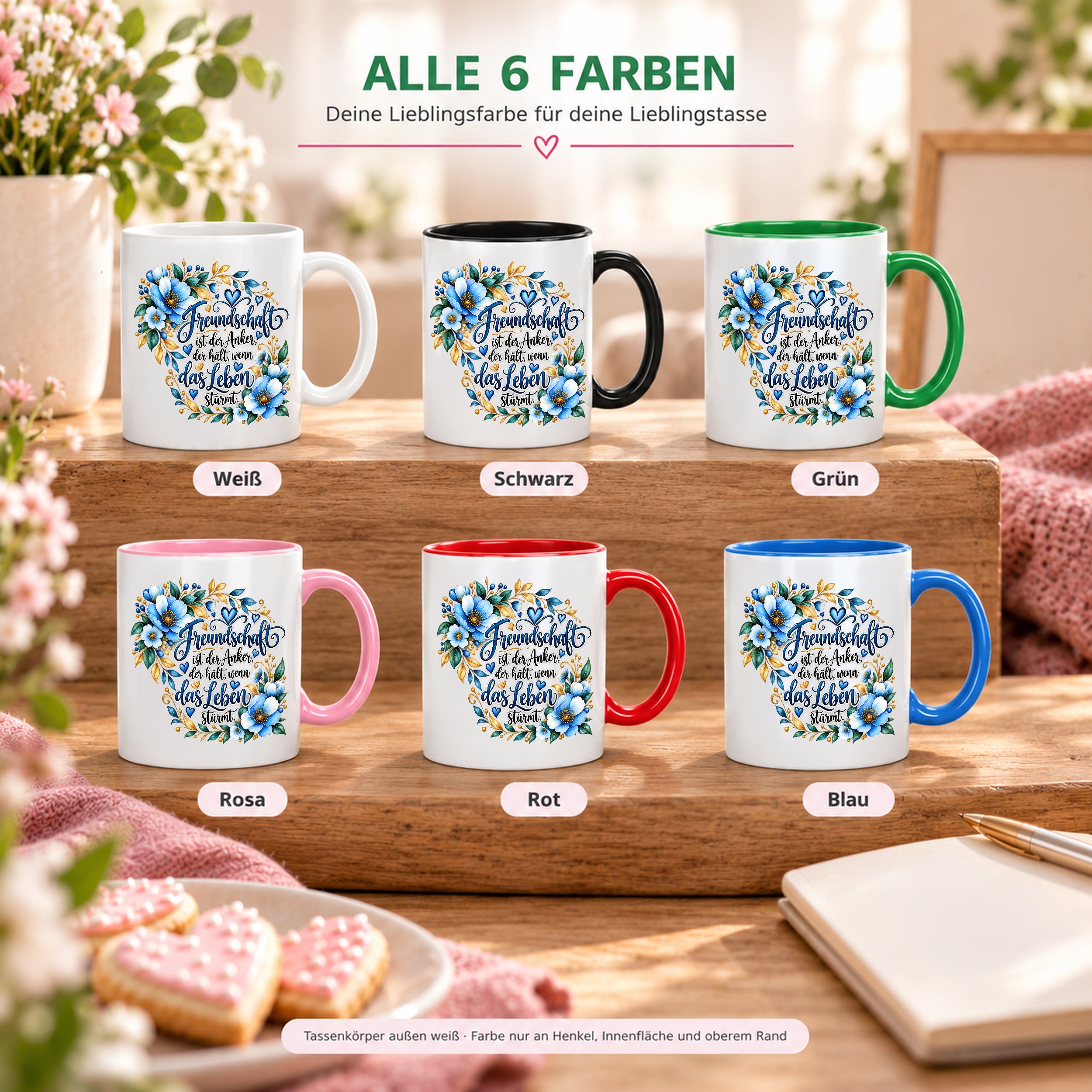 Herzbotschaft Freundschaft Tasse – Freundschaft ist der Anker, der hält, wenn das Leben stürmt – Kaffeetasse mit blauen Blumen und Herzen – Geschenk für beste Freundin, Freund, BFF und Lieblingsmensch – 330 ml