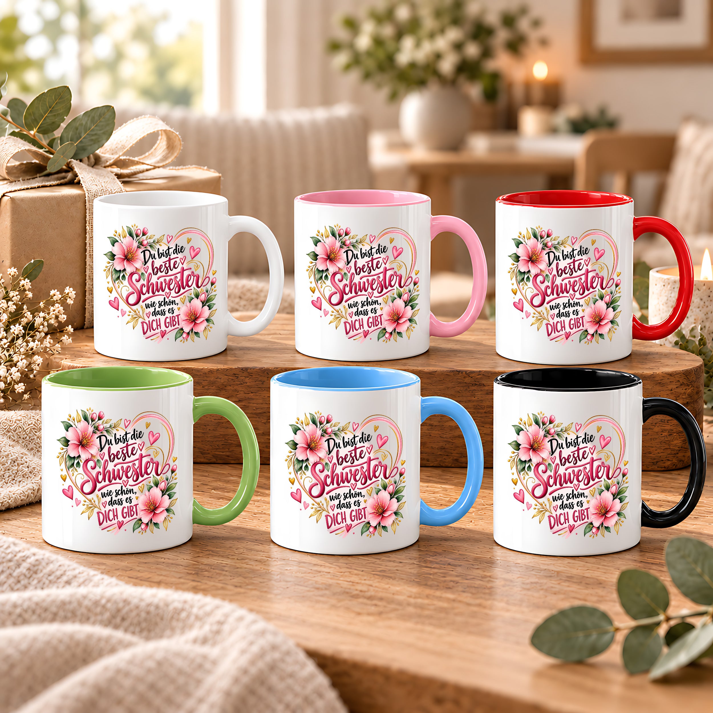 Herzbotschaft Schwester Tasse – Du bist die beste Schwester, wie schön dass es dich gibt – Kaffeetasse 330 ml mit rosa Blumen und Herzen – Geschenk für Schwester zum Geburtstag, Weihnachten, als Dankeschön oder kleine Aufmerksamkeit