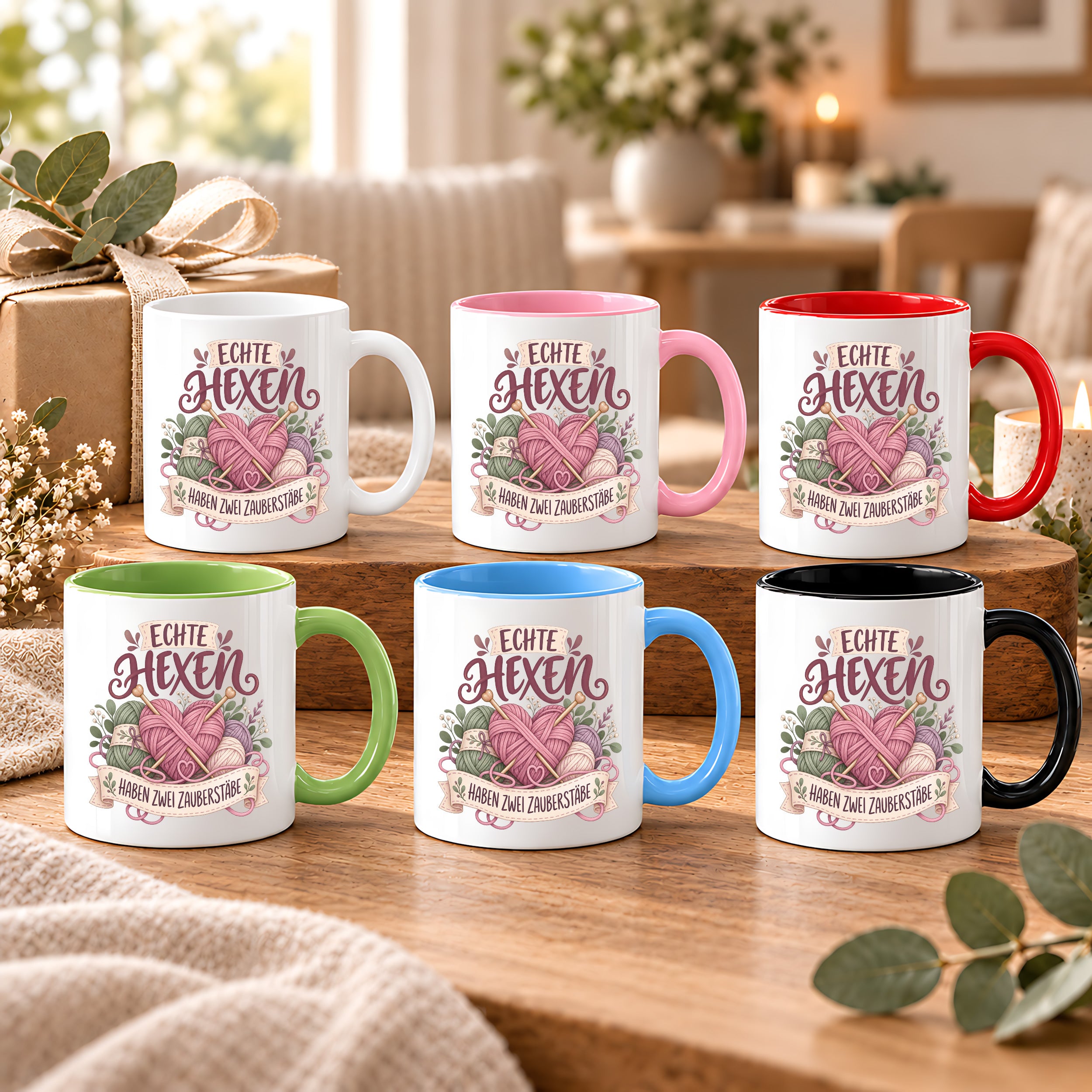 Stricken Tasse Echte Hexen haben zwei Zauberstäbe 330 ml Geschenk für Strickerin Wolle Handarbeit Geburtstag Weihnachten