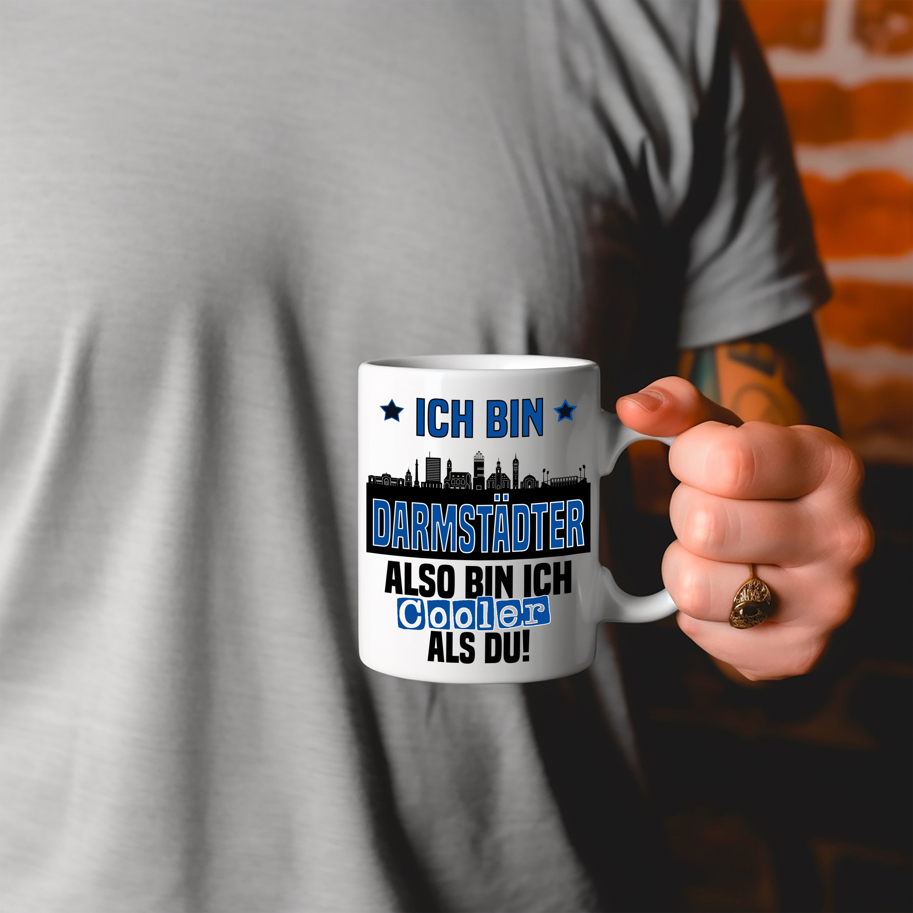 Tasse mit Motiv - Ich bin Darmstädter also bin ich cooler als du! | Fußball Keramiktasse für Darmstadt Fan | Skyline deiner Stadt