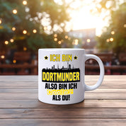 Tasse mit Motiv - Ich bin Dortmunder also bin ich cooler als du! | Fußball Keramiktasse für Dortmund Fan | Skyline deiner Stadt