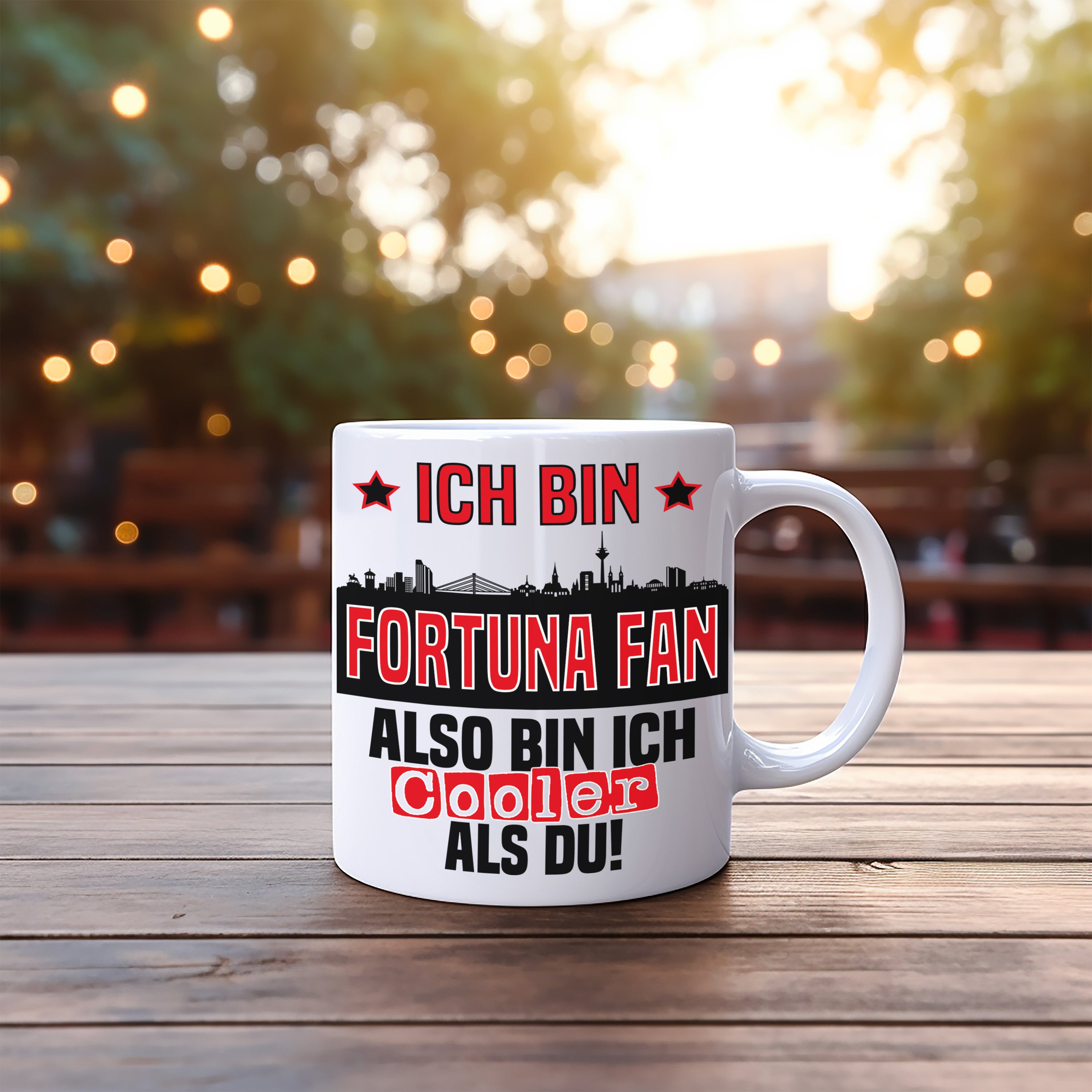 Tasse mit Motiv - Ich bin Fortuna Fan also bin ich cooler als du! | Fußball Keramiktasse für Düsseldorf Fan | Skyline deiner Stadt