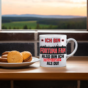 Tasse mit Motiv - Ich bin Fortuna Fan also bin ich cooler als du! | Fußball Keramiktasse für Düsseldorf Fan | Skyline deiner Stadt