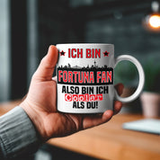 Tasse mit Motiv - Ich bin Fortuna Fan also bin ich cooler als du! | Fußball Keramiktasse für Düsseldorf Fan | Skyline deiner Stadt