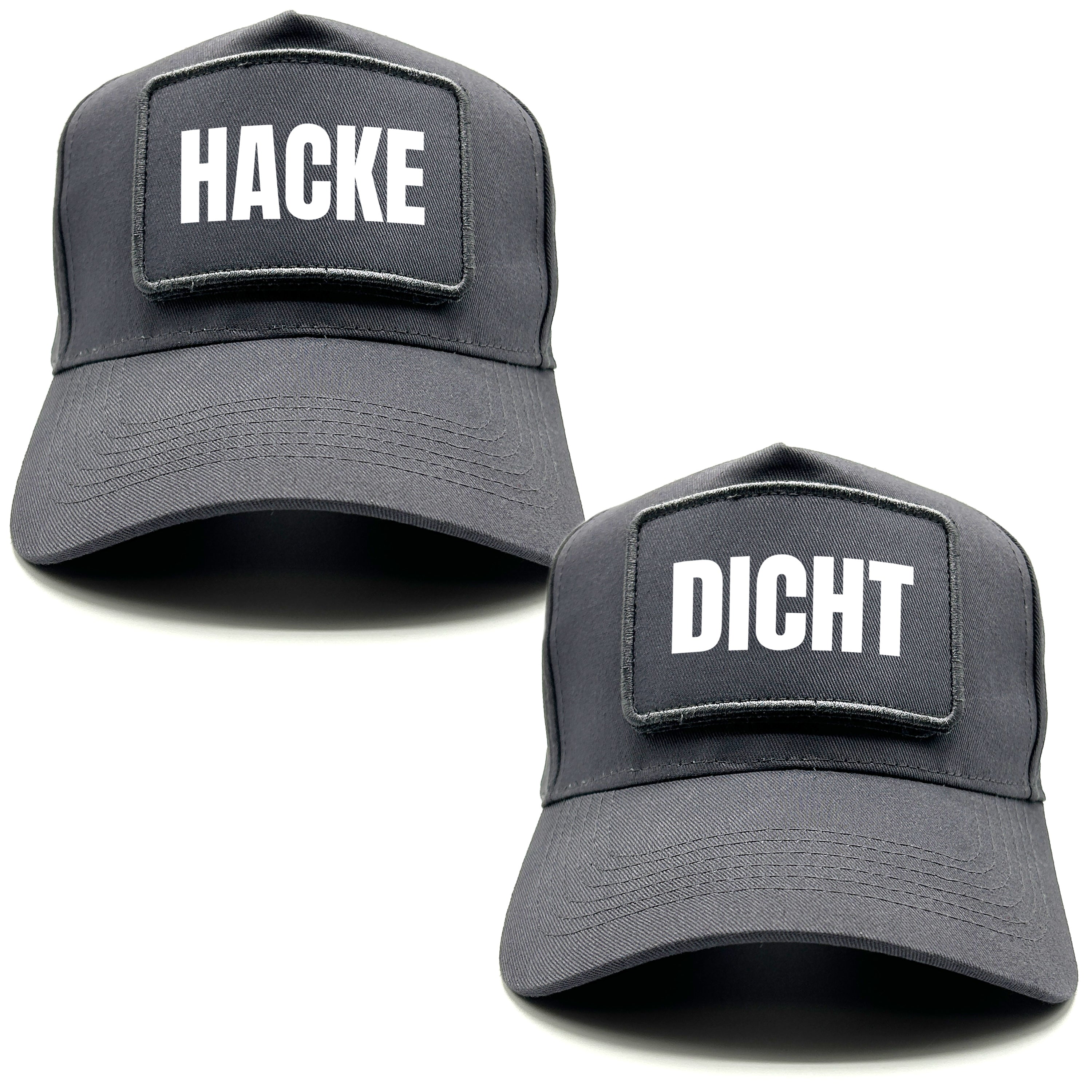 2er Set Baseball Caps mit Spruch auf Patch | Hacke Dicht | Farbwahl | OneSize durch verstellbaren Klipp-Verschluss