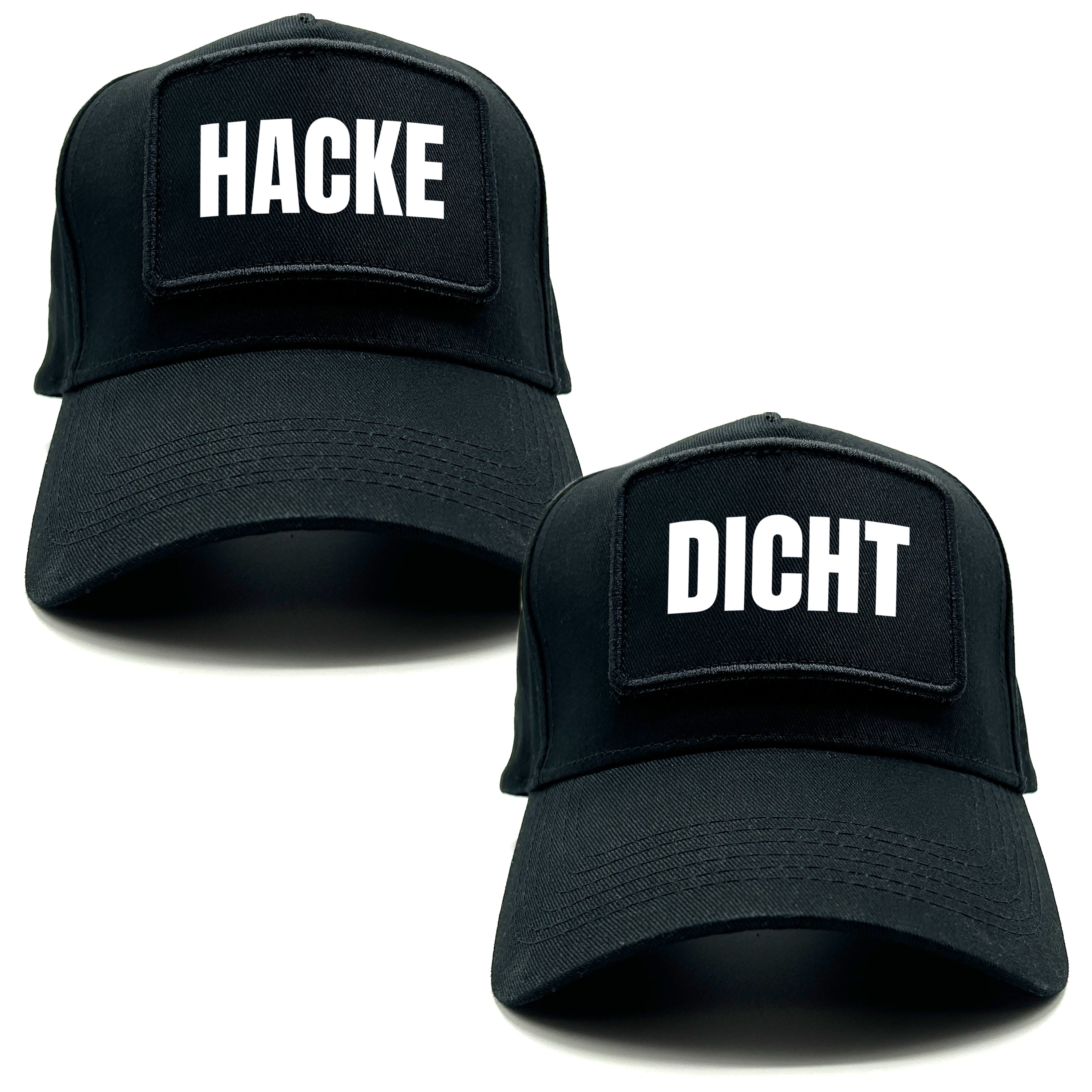 2er Set Baseball Caps mit Spruch auf Patch | Hacke Dicht | Farbwahl | OneSize durch verstellbaren Klipp-Verschluss