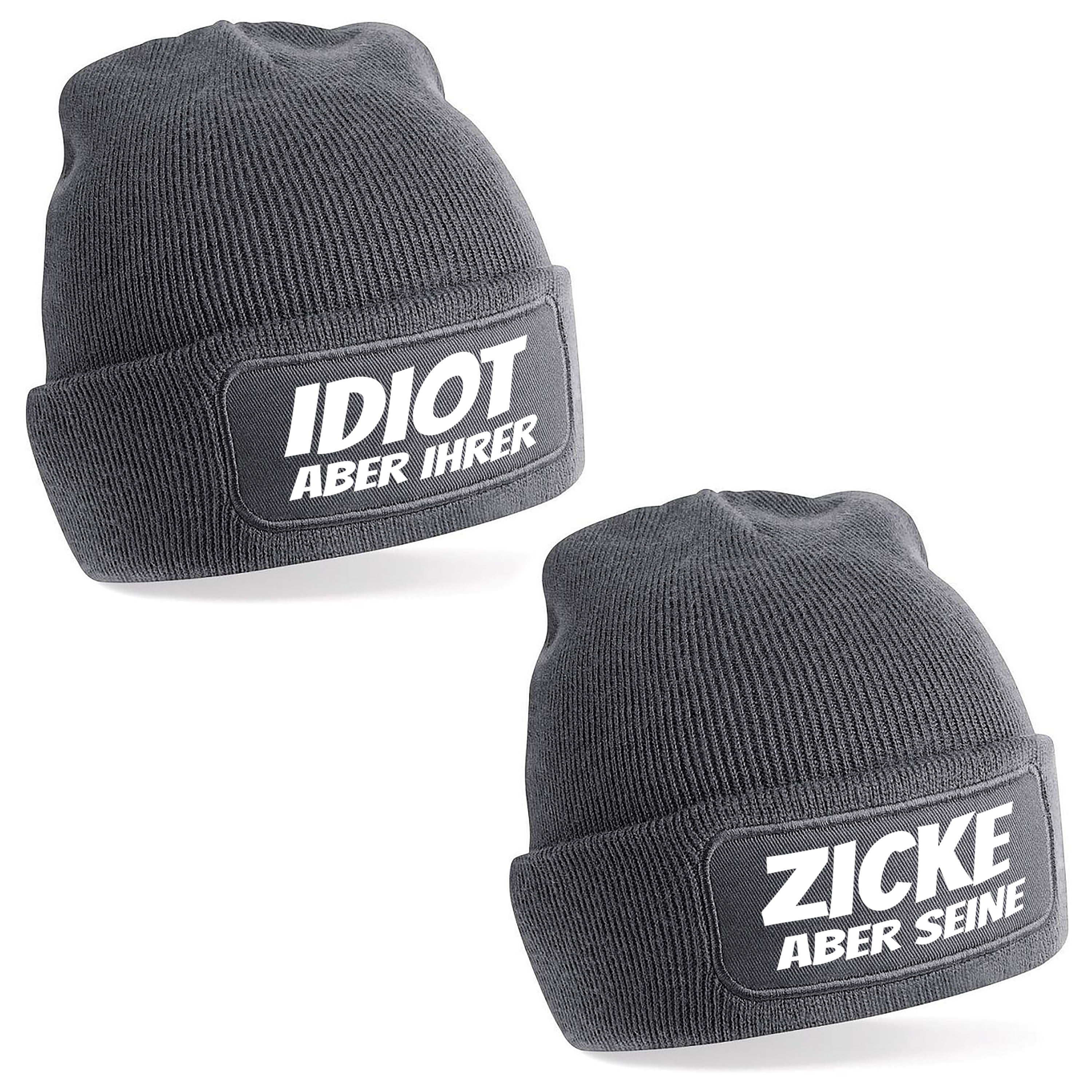 2er Set Beanie Strickmütze mit Spruch | Der Idiot und seine Zicke | Farbwahl | Angenehm weich | Onesize