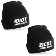 2er Set Beanie Strickmütze mit Spruch | Der Idiot und seine Zicke | Farbwahl | Angenehm weich | Onesize