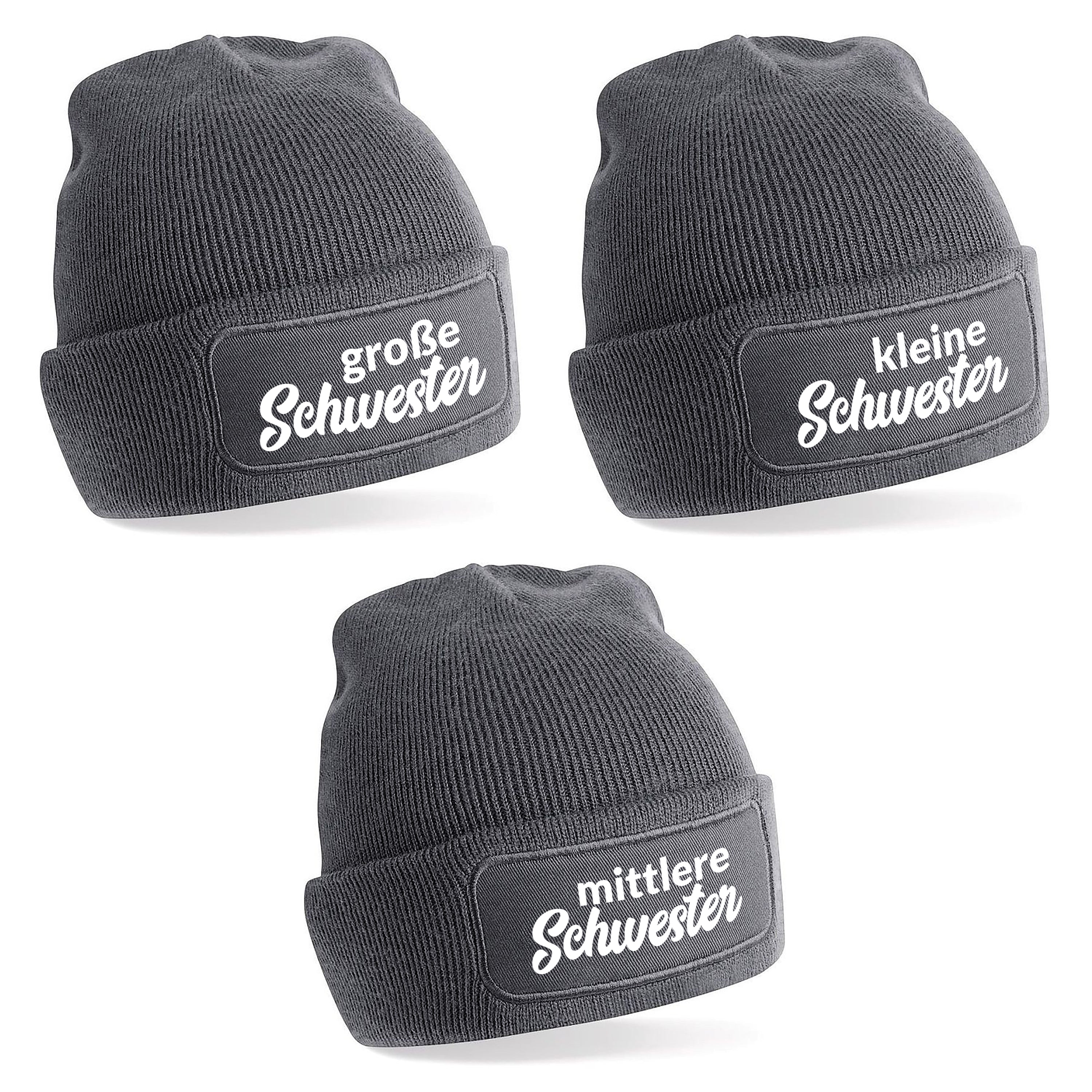 3er Set Beanie Strickmütze mit Spruch | kleine Schwester - mittlere Schwester - große Schwester | Farbwahl | Angenehm weich | Onesize