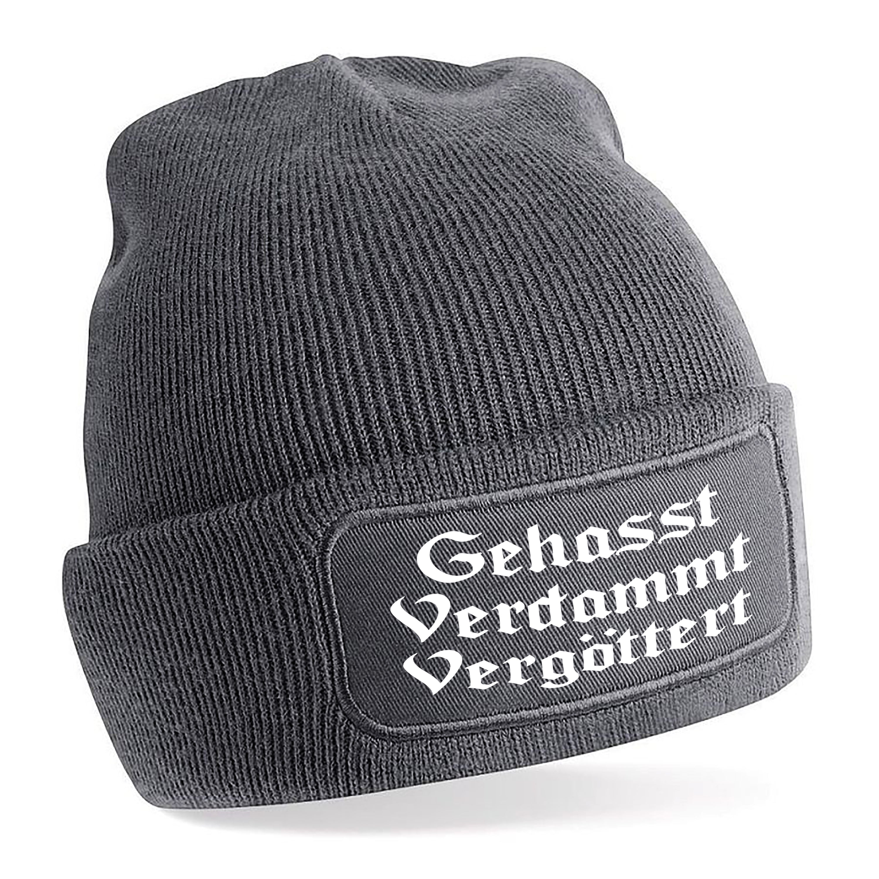 Beanie Strickmütze mit Spruch | Gehasst Verdammt Vergöttert | Farbwahl | Angenehm weich | Onesize