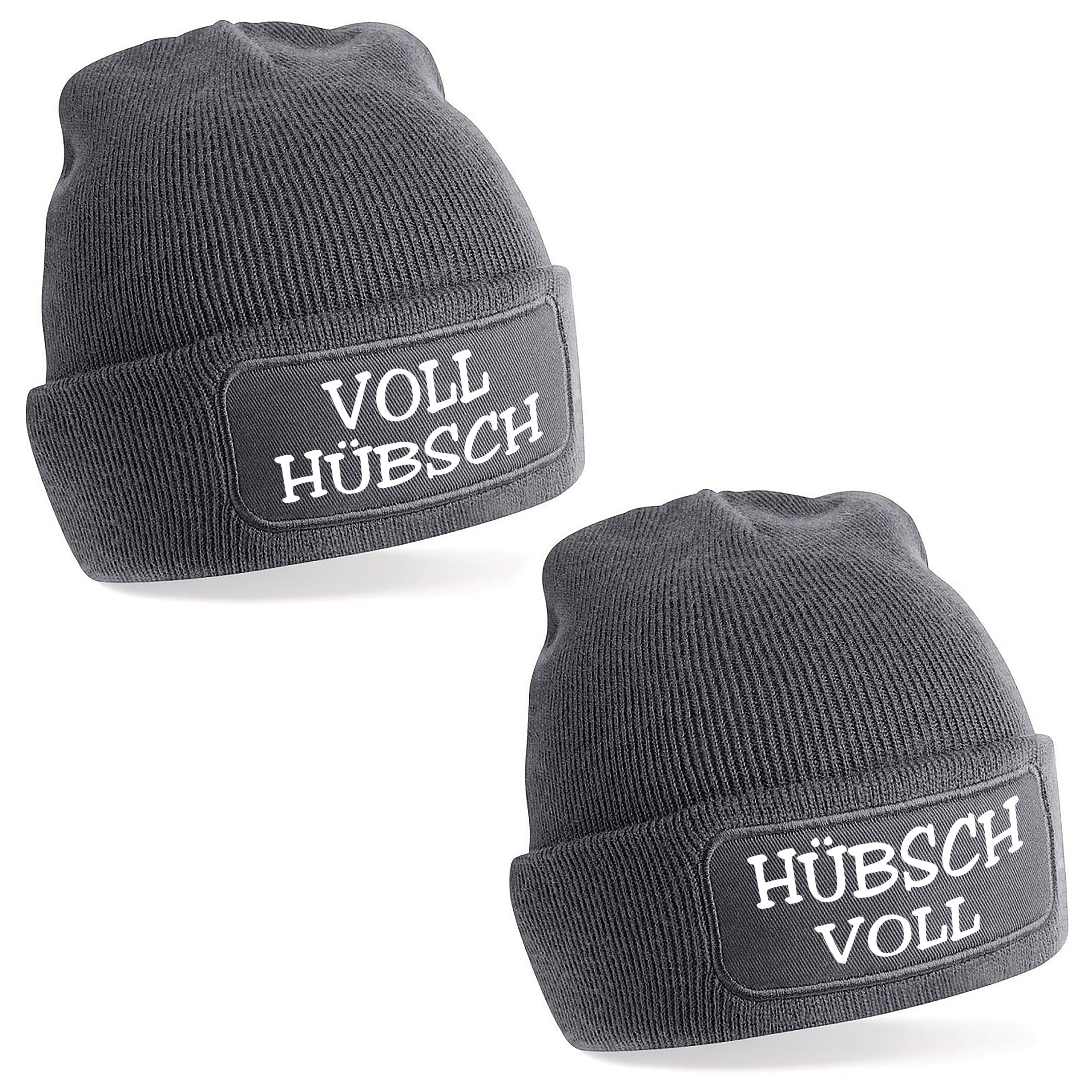 2er Set Beanie Strickmütze mit Spruch | Voll Hübsch - Hübsch voll | Farbwahl | Angenehm weich | Onesize