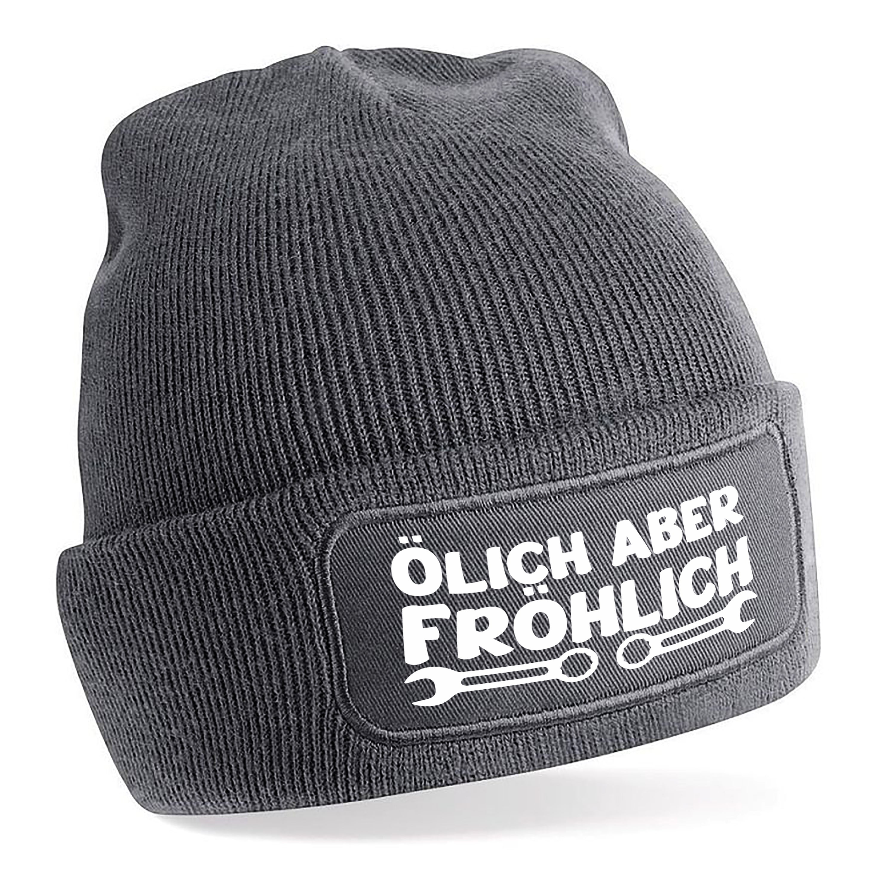 Beanie Strickmütze mit Spruch | Ölich aber fröhlich | Farbwahl | Angenehm weich | Onesize