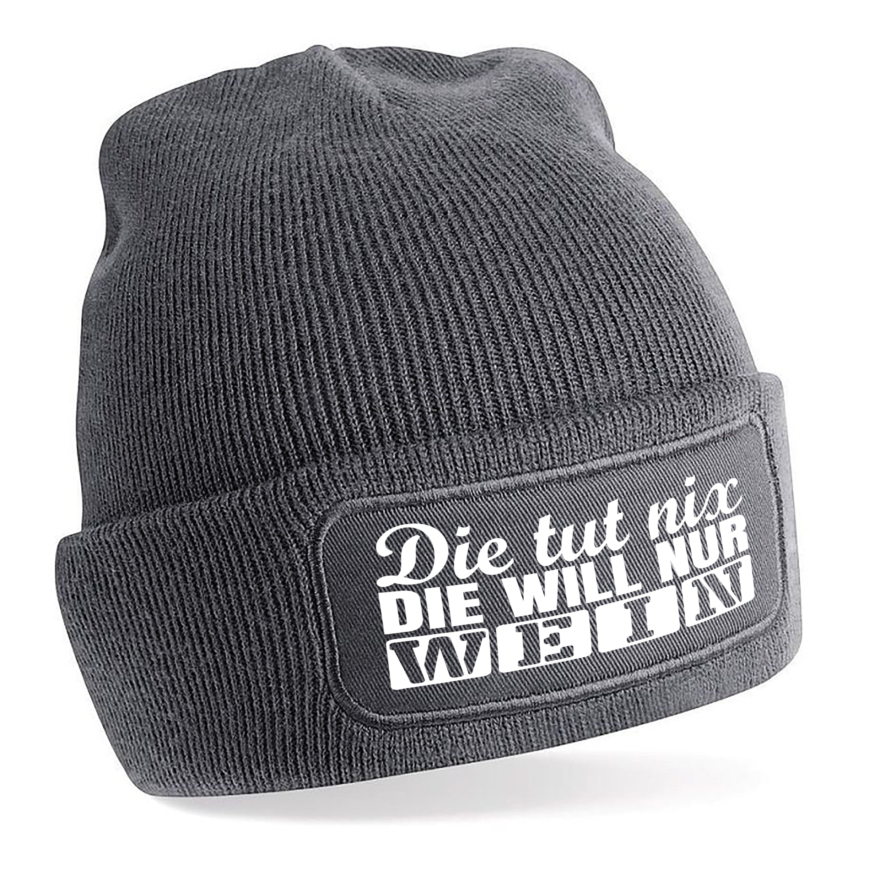 Beanie Strickmütze mit Spruch | Die tut nix. Die will nur Wein | Farbwahl | Angenehm weich | Onesize