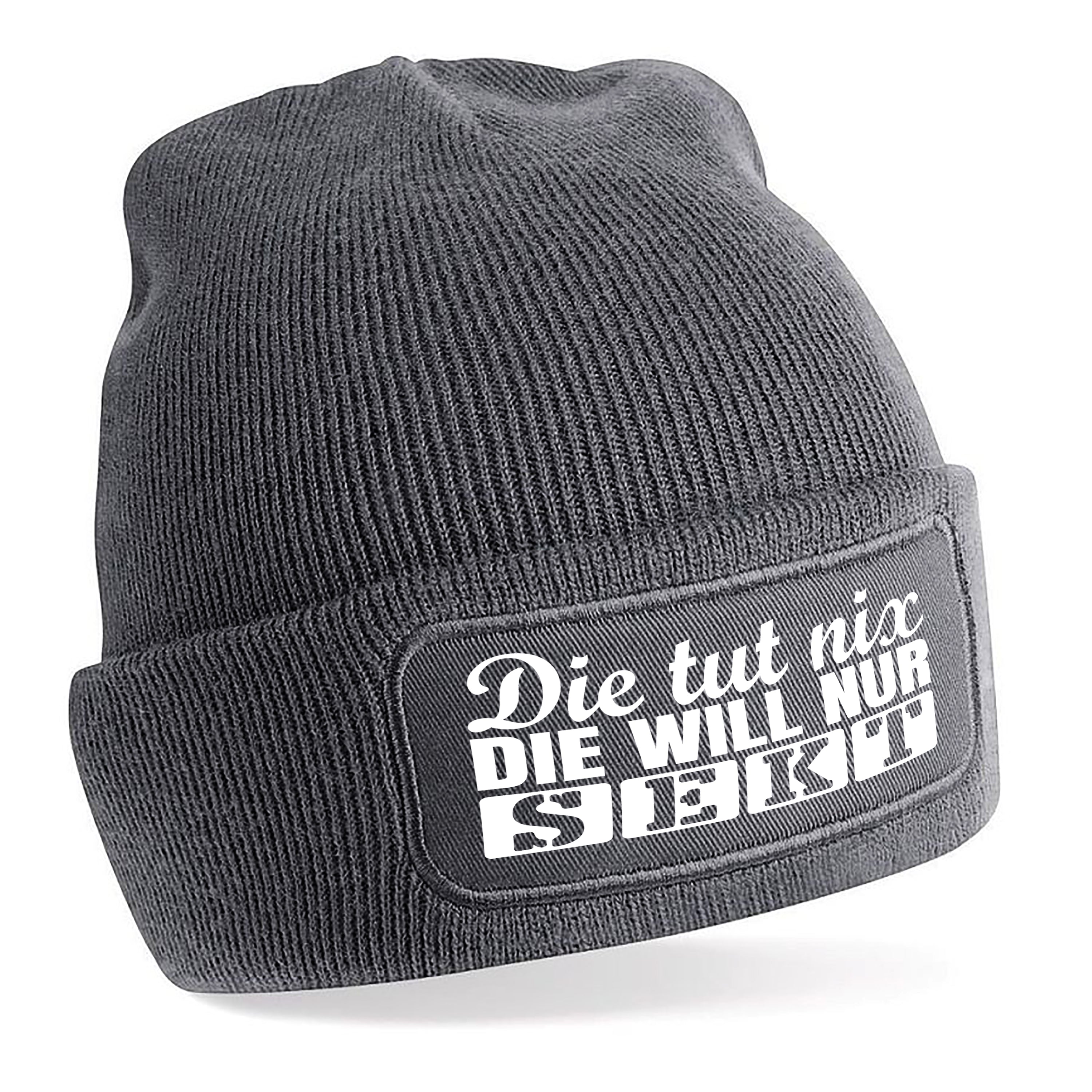 Beanie Strickmütze mit Spruch | Die tut nix. Die will nur Sekt | Farbwahl | Angenehm weich | Onesize