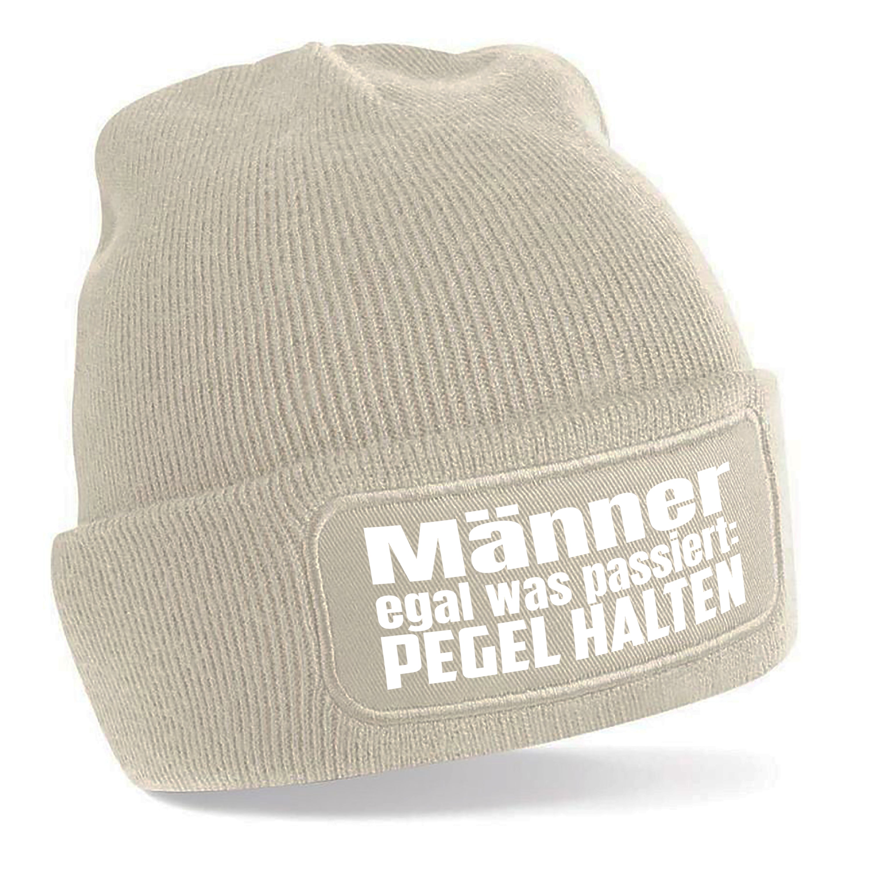 Beanie Strickmütze mit Spruch | Männer egal was passiert: Pegel halten | Farbwahl | Angenehm weich | Onesize