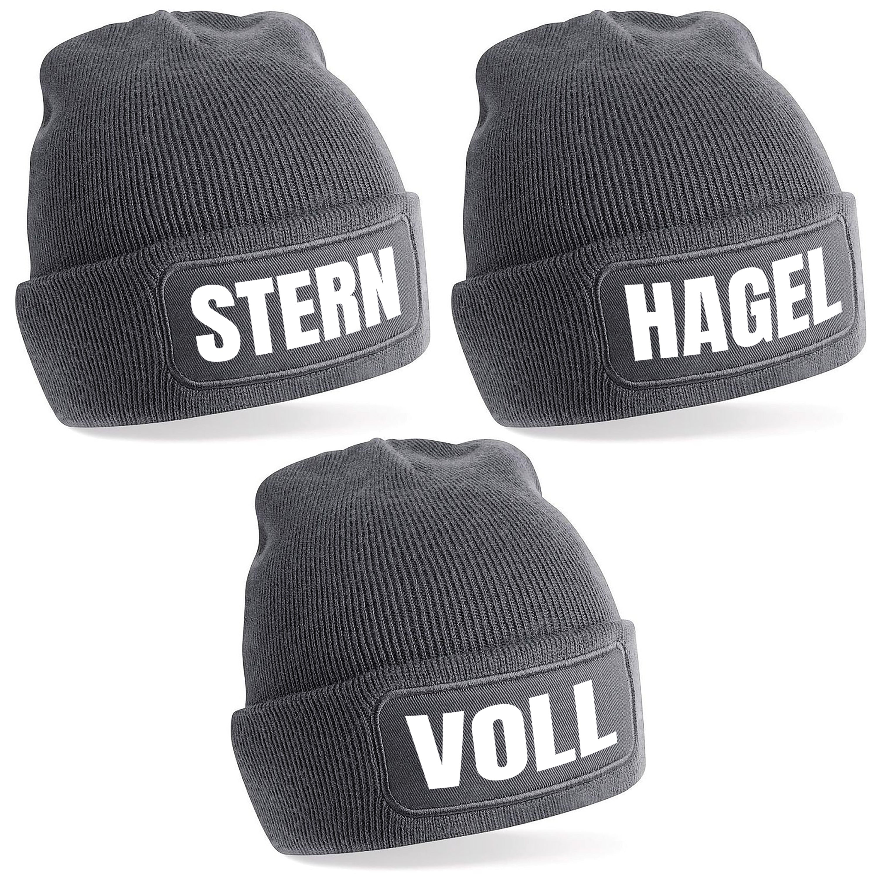 3er Set Beanie Strickmütze mit Spruch | STERN - HAGEL - VOLL | Farbwahl | Angenehm weich | Onesize