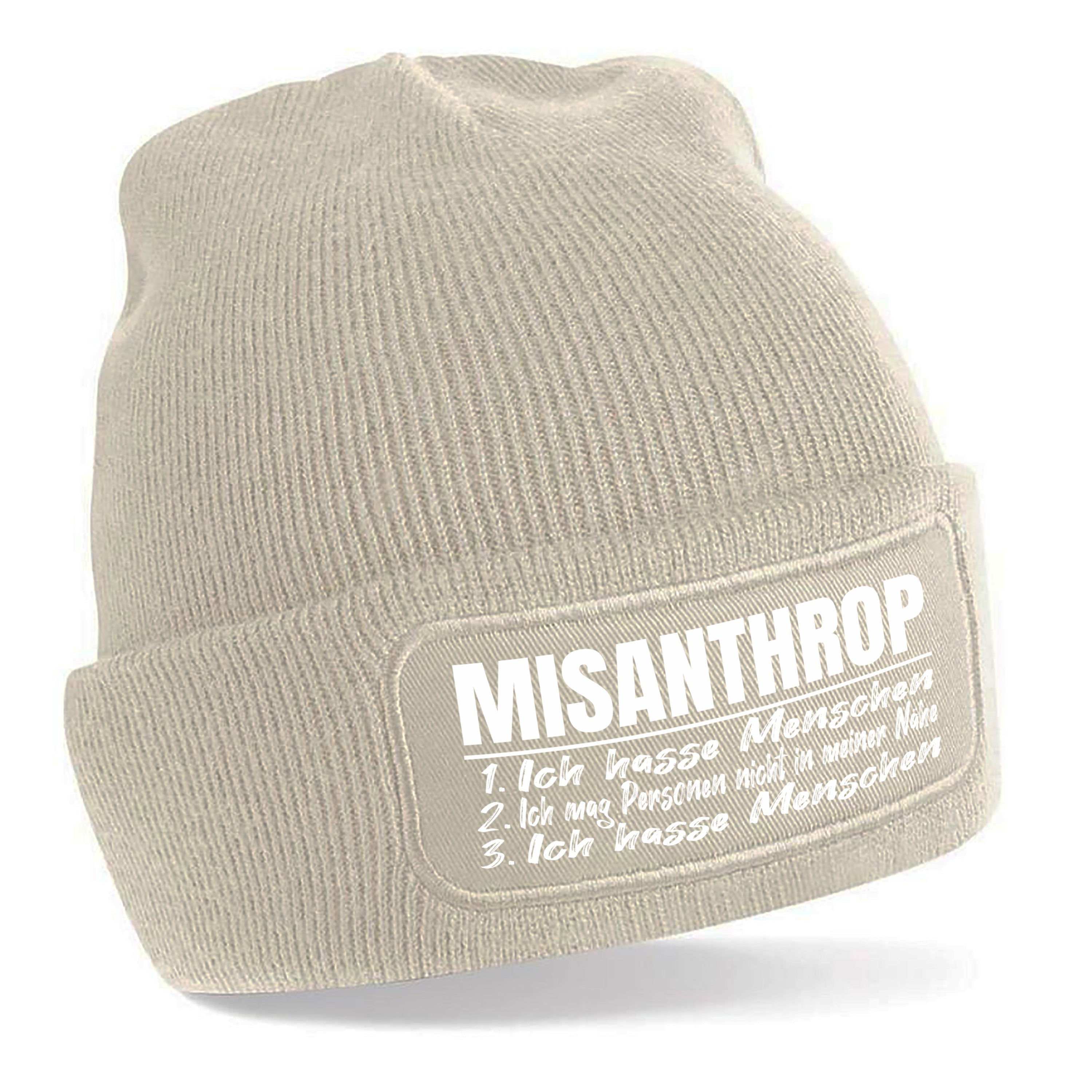 Beanie Strickmütze mit Spruch | Misanthrop - 1. Ich hasse Menschen 2. Ich mag Personen nicht in meiner Nähe 3. Ich hasse Menschen | Farbwahl | Angenehm weich | Onesize