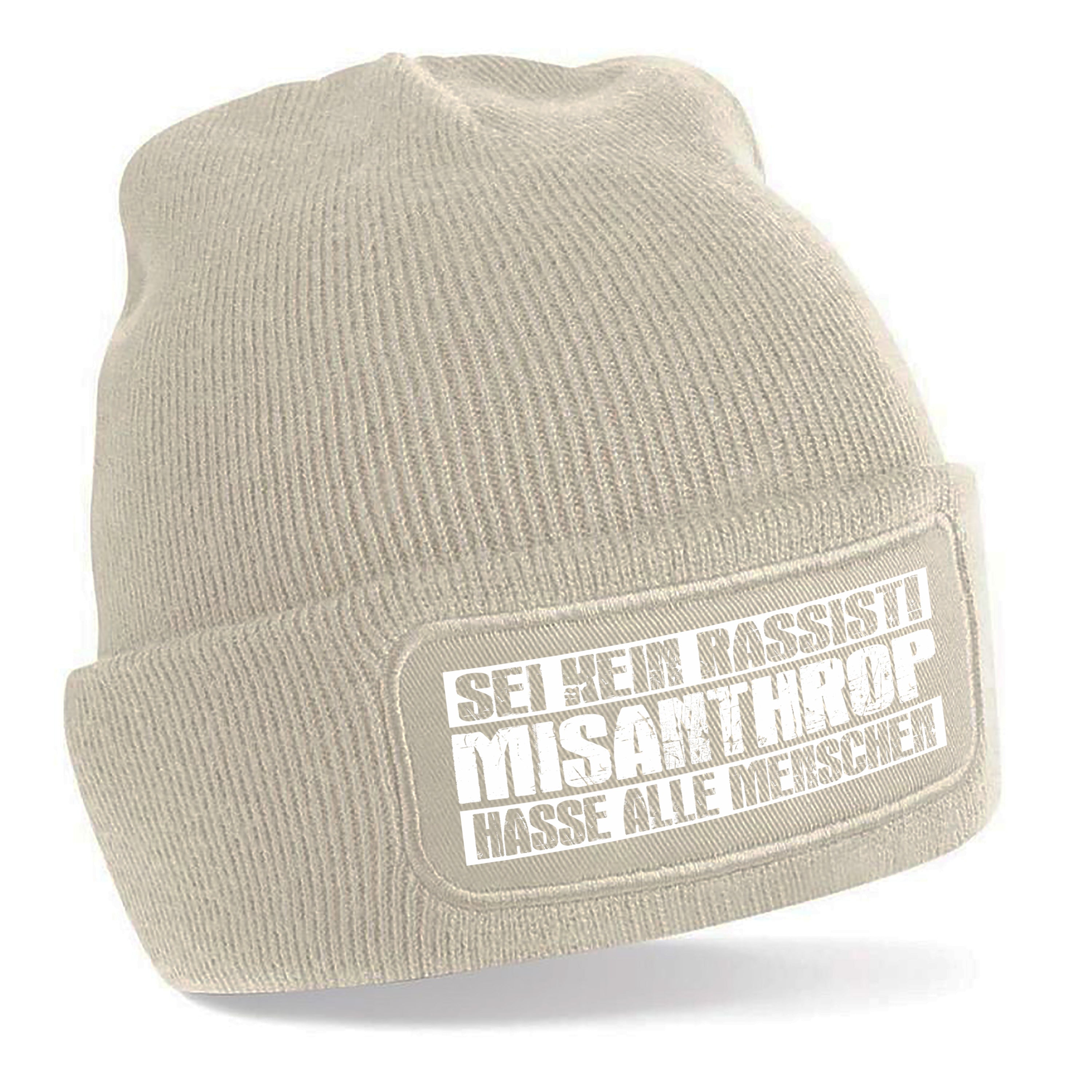 Beanie Strickmütze mit Spruch | Misanthrop - Sei kein Rassist - Hasse alle Menschen | Farbwahl | Angenehm weich | Onesize