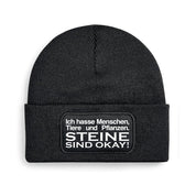 Beanie Strickmütze mit Spruch | Ich hasse Menschen, Tiere und Pflanzen. Steine sind okay! | Farbwahl | Angenehm weich | Onesize