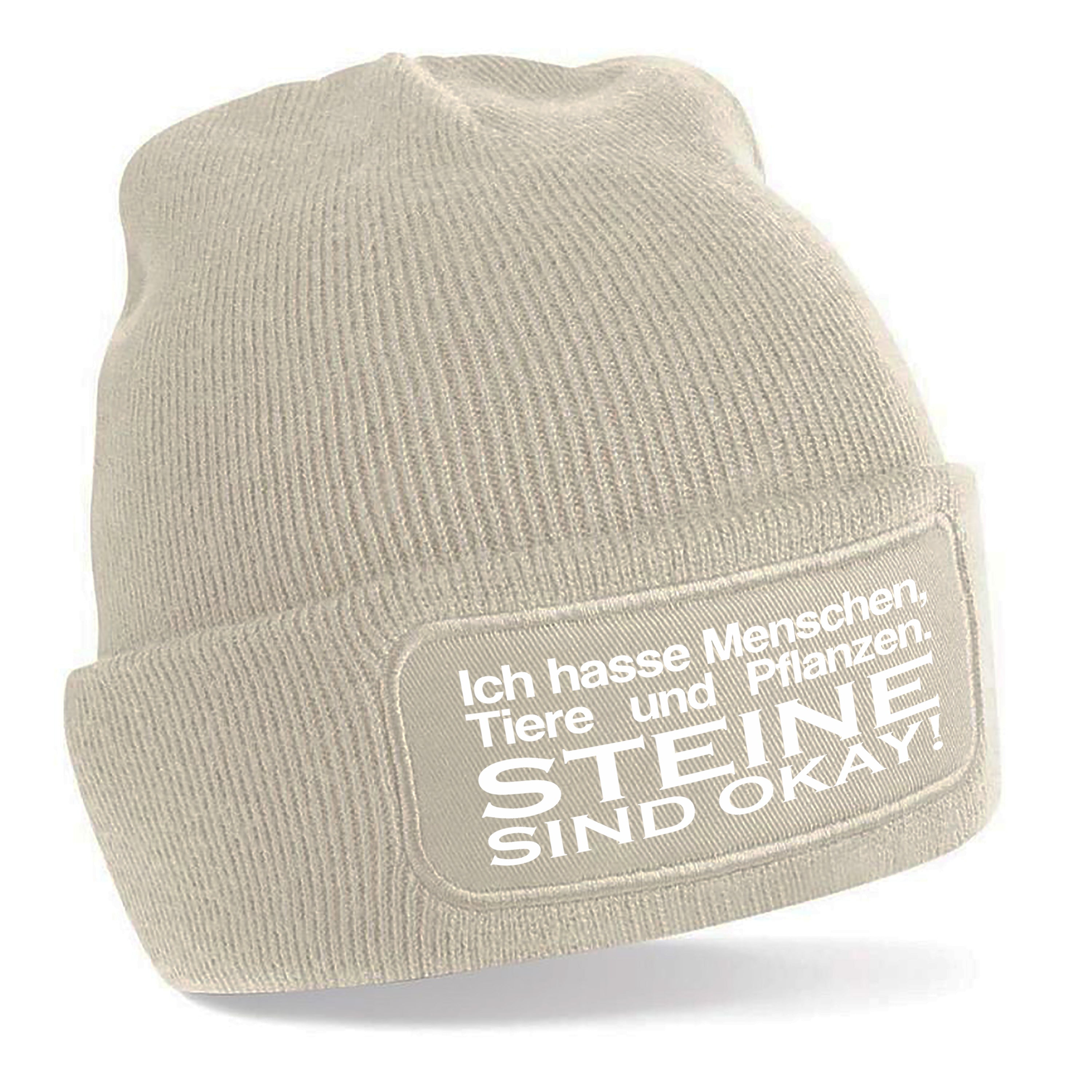 Beanie Strickmütze mit Spruch | Ich hasse Menschen, Tiere und Pflanzen. Steine sind okay! | Farbwahl | Angenehm weich | Onesize