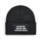 Beanie Strickmütze mit Spruch | Ich bin das jüngste Kind - Für mich gelten die Regeln nicht! | schwarz | Angenehm weich | Onesize