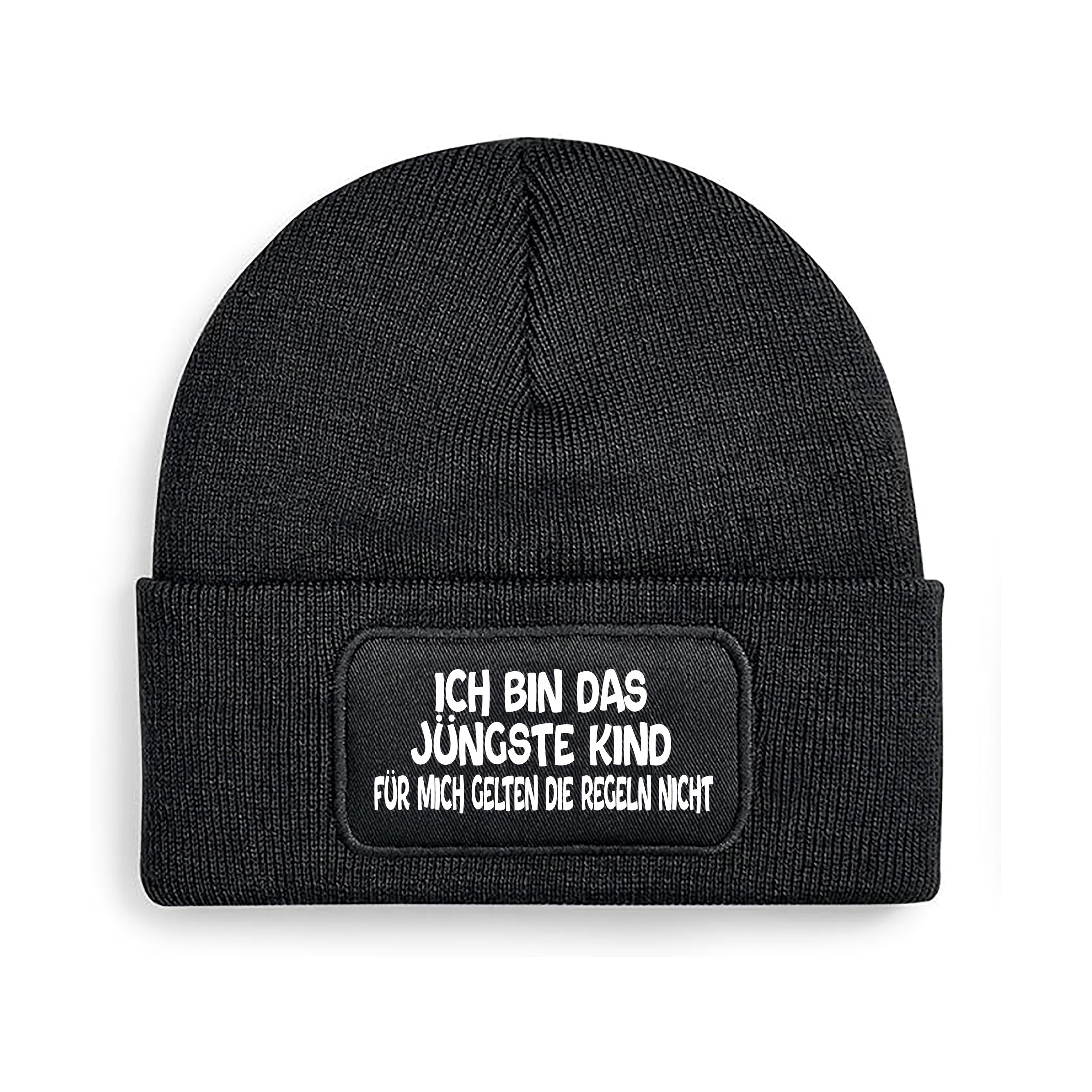 Beanie Strickmütze mit Spruch | Ich bin das jüngste Kind - Für mich gelten die Regeln nicht! | schwarz | Angenehm weich | Onesize