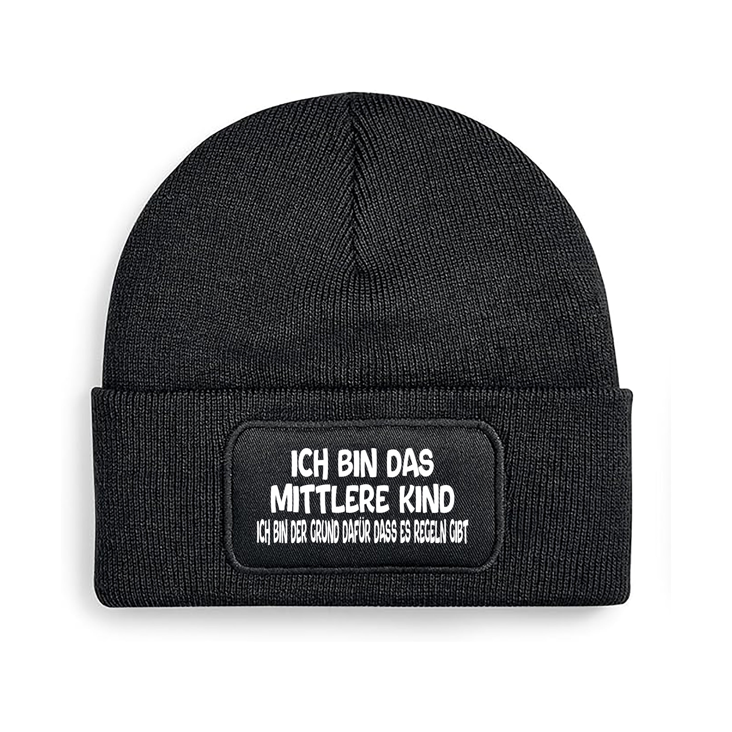 Beanie Strickmütze mit Spruch | Ich bin das mittlere Kind - Für mich gelten die Regeln nicht! | schwarz | Angenehm weich | Onesize