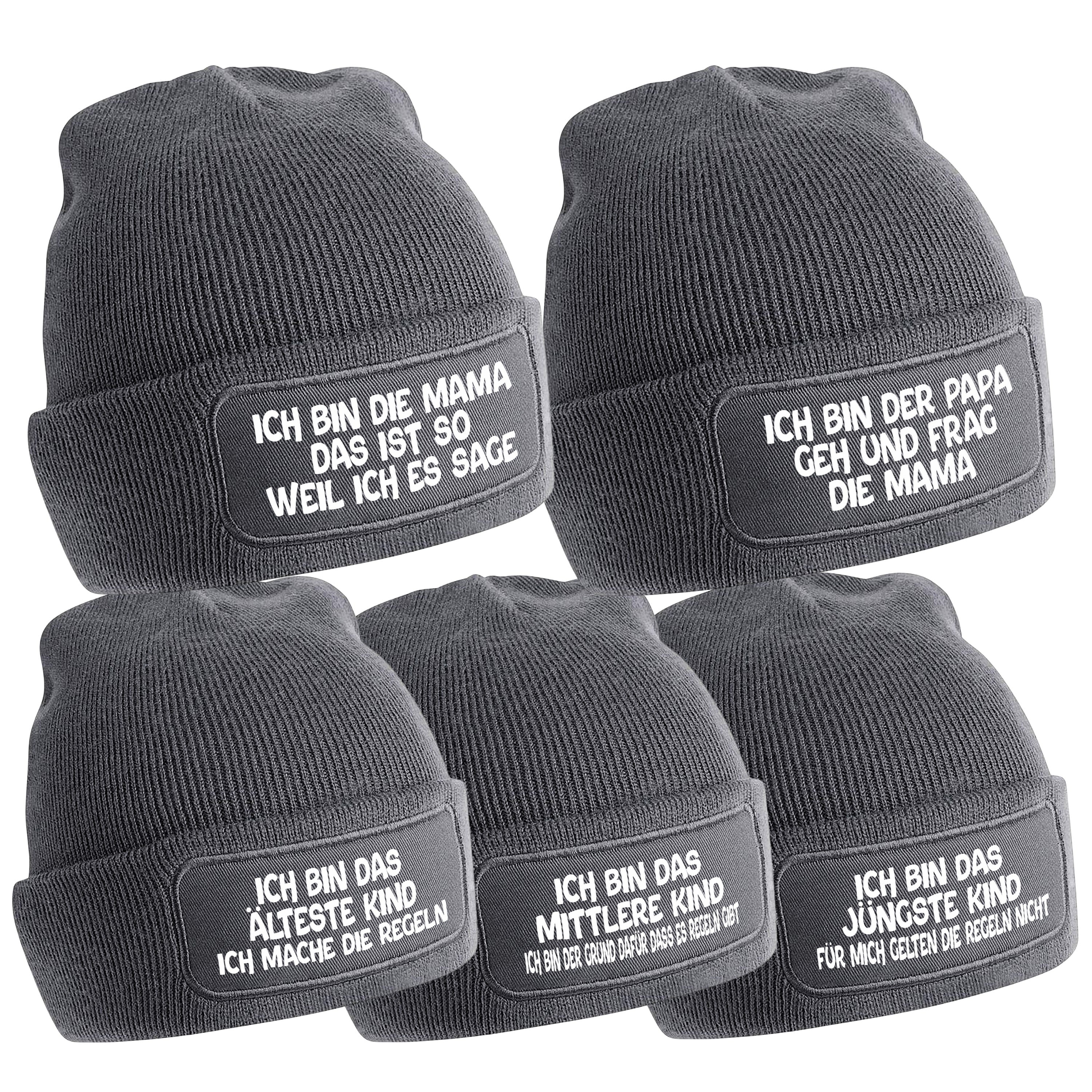 5er Set Beanie Strickmützen mit Spruch | Ich bin die Mama - Ich bin der Papa - Ich bin das jüngste Kind - Ich bin das mittlere Kind - Ich bin das älteste Kind | Farbwahl | Angenehm weich | Onesize