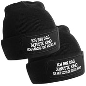 2er Set Beanies Schwarz mit Spruch | Ich bin das älteste Kind - Ich mache die Regeln - Ich bin das jüngste Kind - Für mich gelten die Regeln nicht | Lustige Geschwister-Mützen | Einheitsgröße Unisex