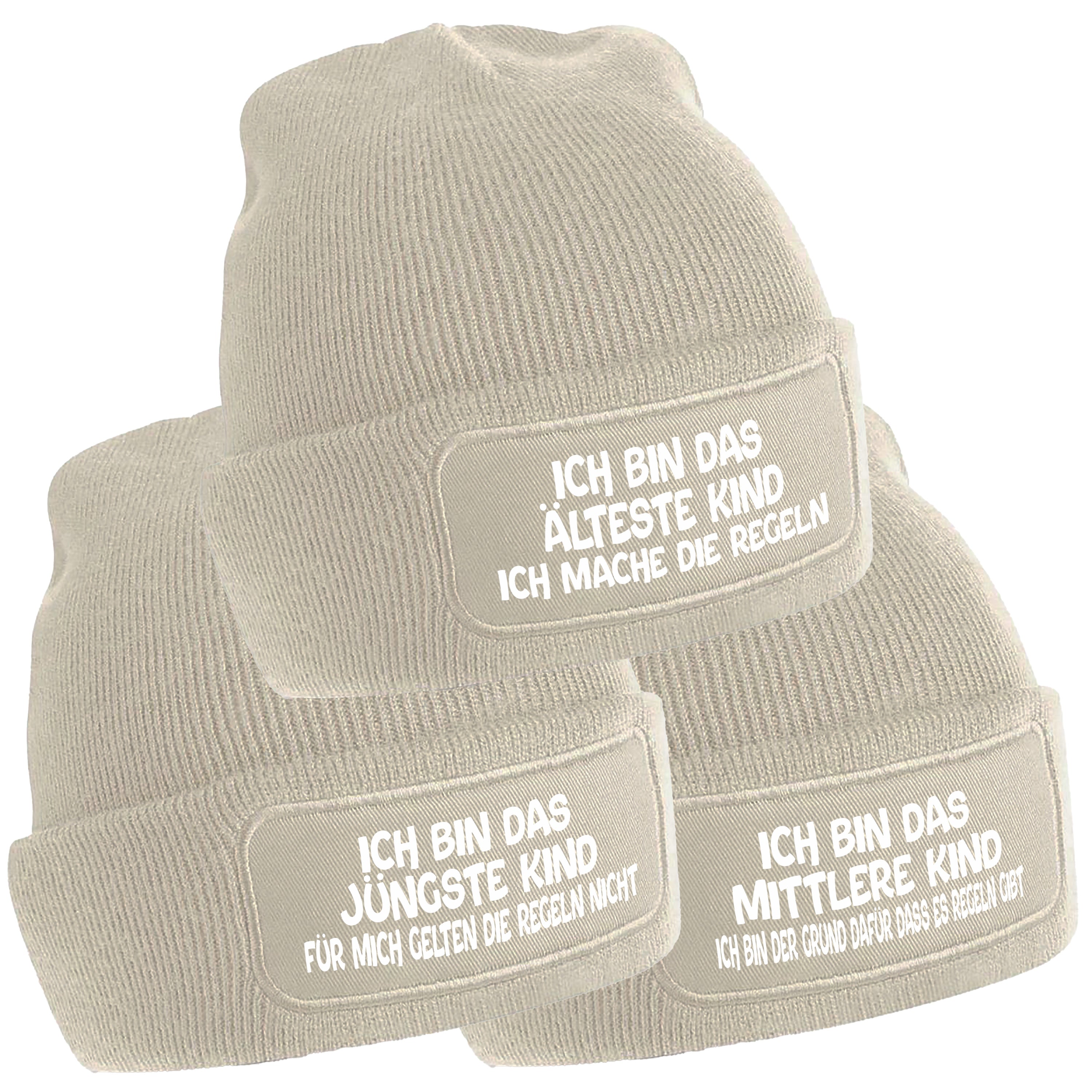 3er Set Beanie Strickmützen mit Spruch | Ich bin das jüngste Kind - Ich bin das mittlere Kind - Ich bin das älteste Kind | Farbwahl | Angenehm weich | Onesize