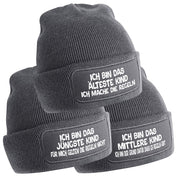 3er Set Beanie Strickmützen mit Spruch | Ich bin das jüngste Kind - Ich bin das mittlere Kind - Ich bin das älteste Kind | Farbwahl | Angenehm weich | Onesize