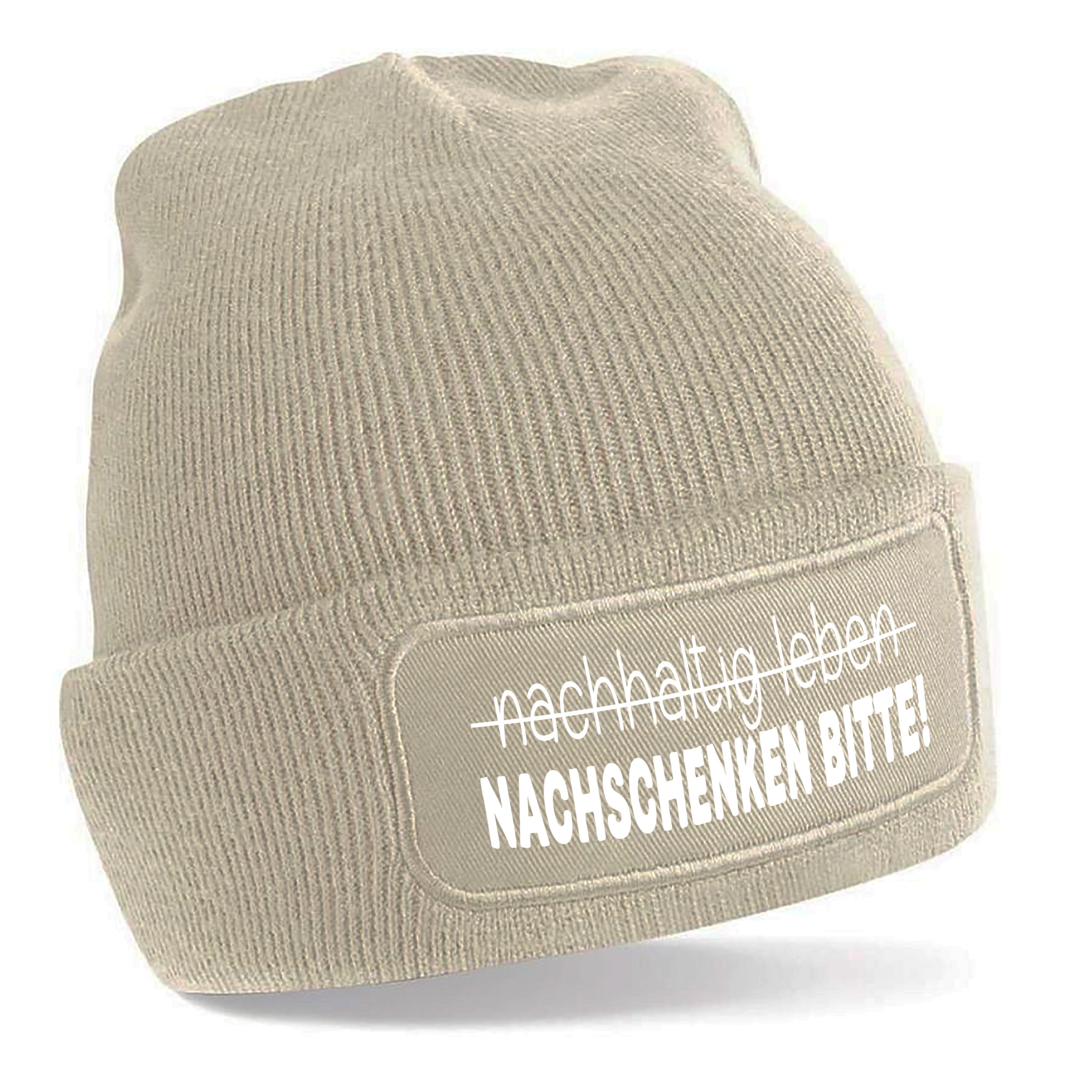 Beanie Strickmütze mit Spruch | nachhaltig leben - NACHSCHENKEN BITTE! | Farbwahl | Angenehm weich | Onesize
