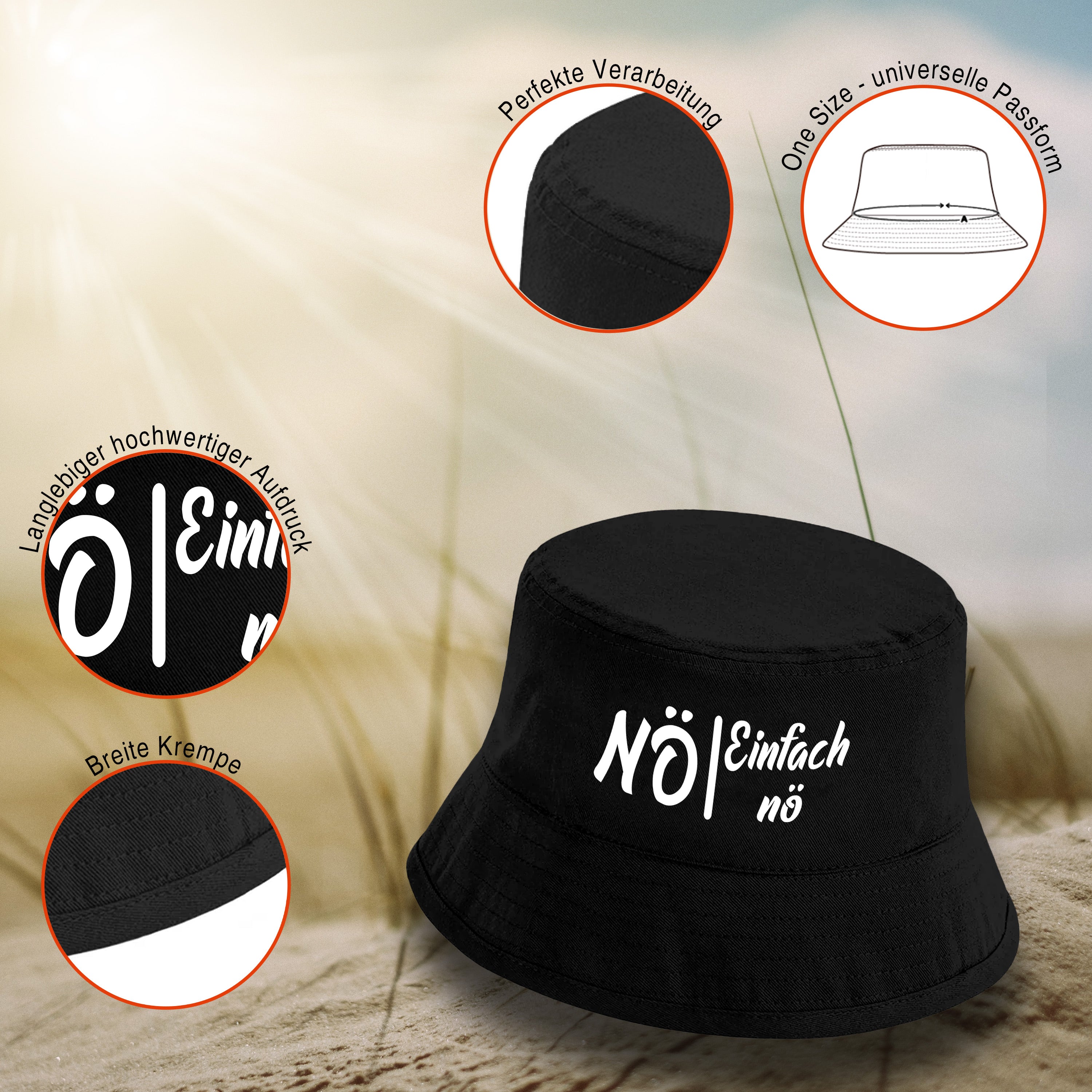 Bucket Hat Schwarz – Nö - Einfach nö – Fischerhut mit Spruch – Unisex Einheitsgröße – Festivalhut / Sonnenhut für Damen & Herren