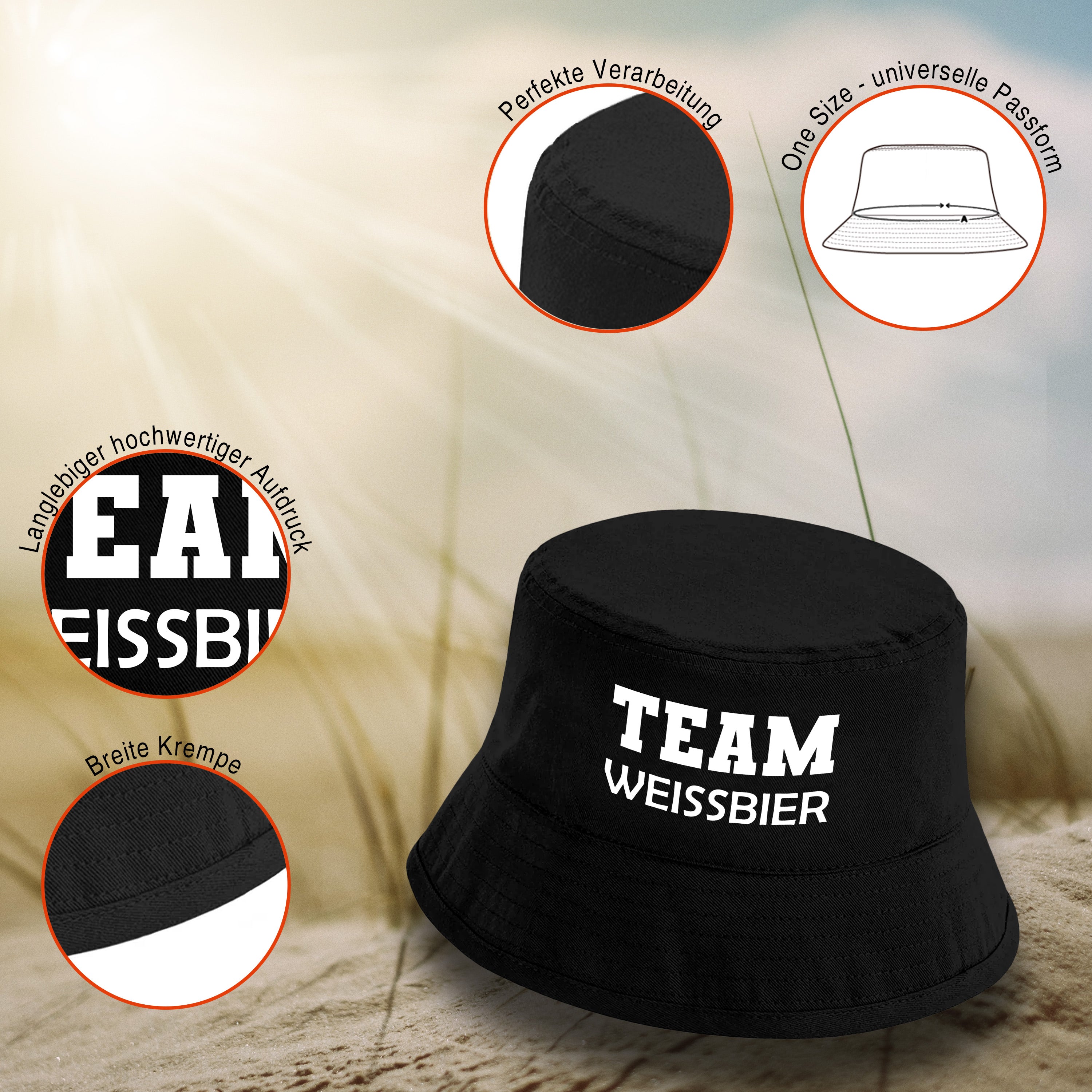 Bucket Hat Schwarz – Team Weissbier – Fischerhut mit Spruch – Unisex Einheitsgröße – Festivalhut / Sonnenhut für Damen & Herren