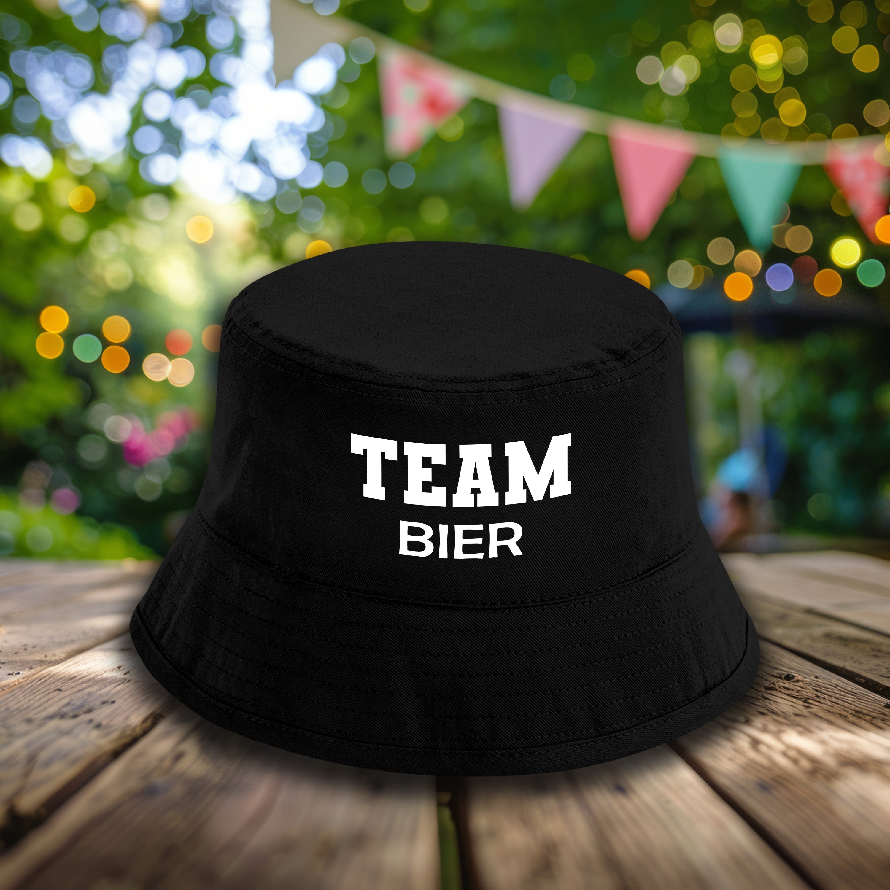 Bucket Hat Schwarz – Team Bier – Fischerhut mit Spruch – Unisex Einheitsgröße – Festivalhut / Sonnenhut für Damen & Herren