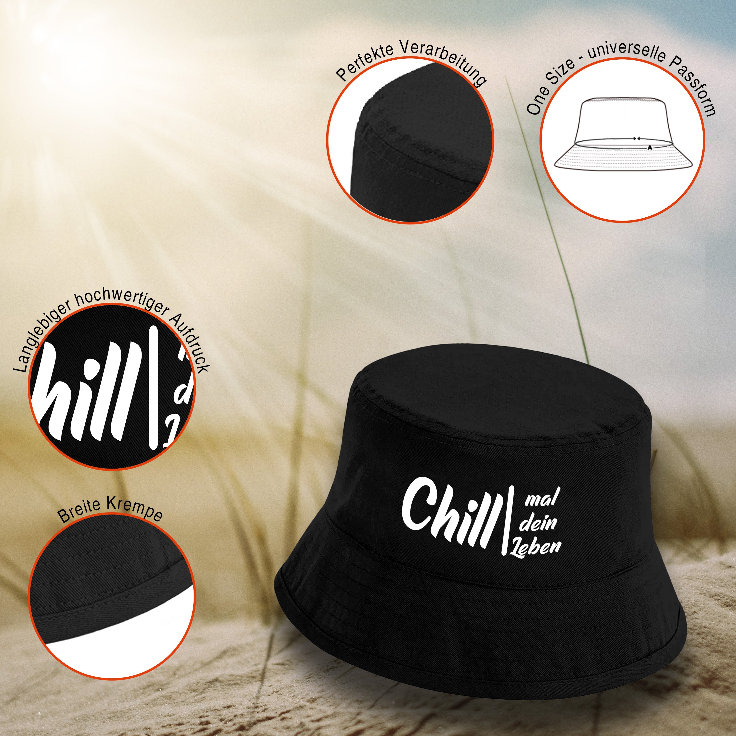 Bucket Hat Schwarz – Chill mal dein Leben – Fischerhut mit Spruch – Unisex Einheitsgröße – Festivalhut / Sonnenhut für Damen & Herren