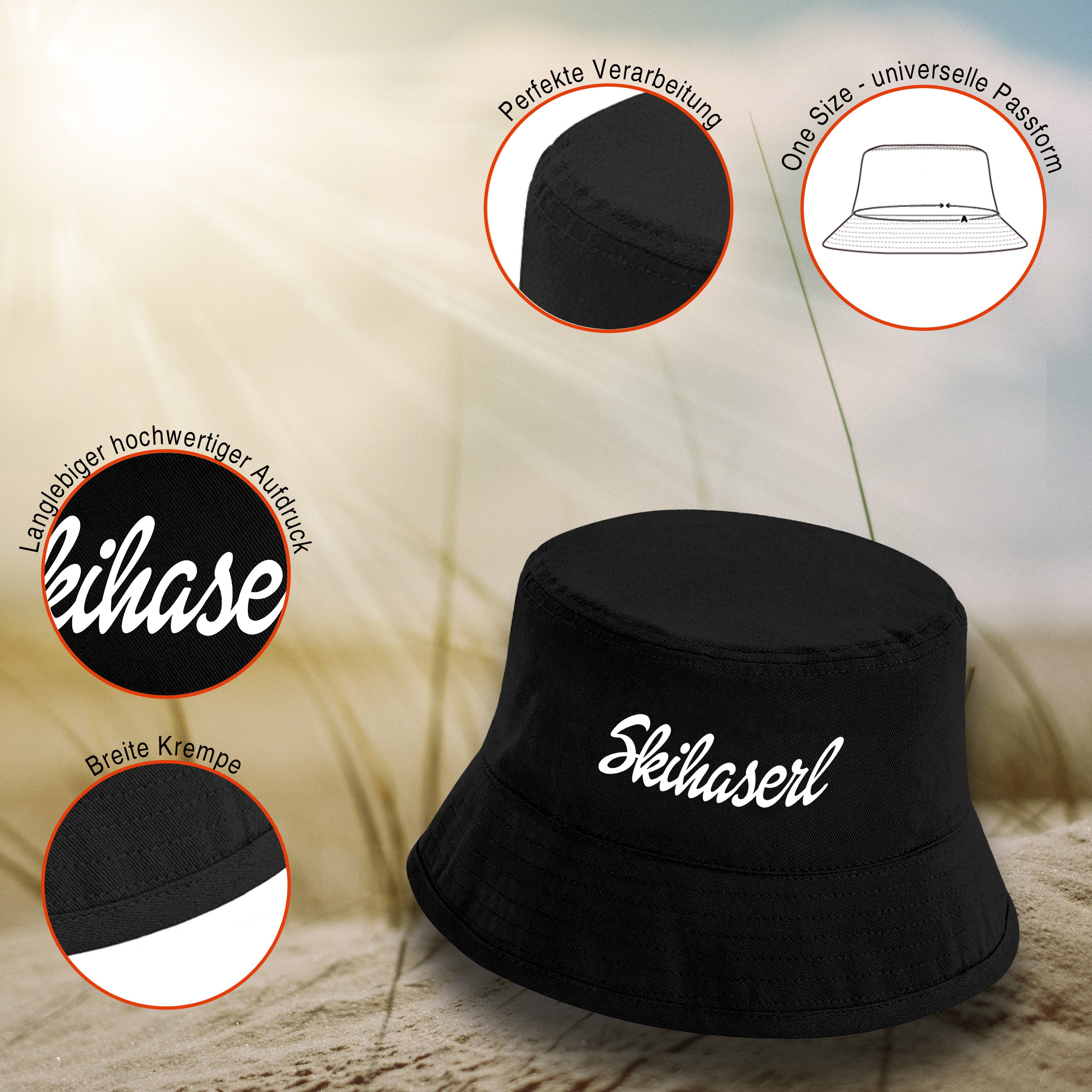 Bucket Hat Schwarz – Skihaserl – Fischerhut mit Spruch – Unisex Einheitsgröße – Festivalhut / Sonnenhut für Damen & Herren