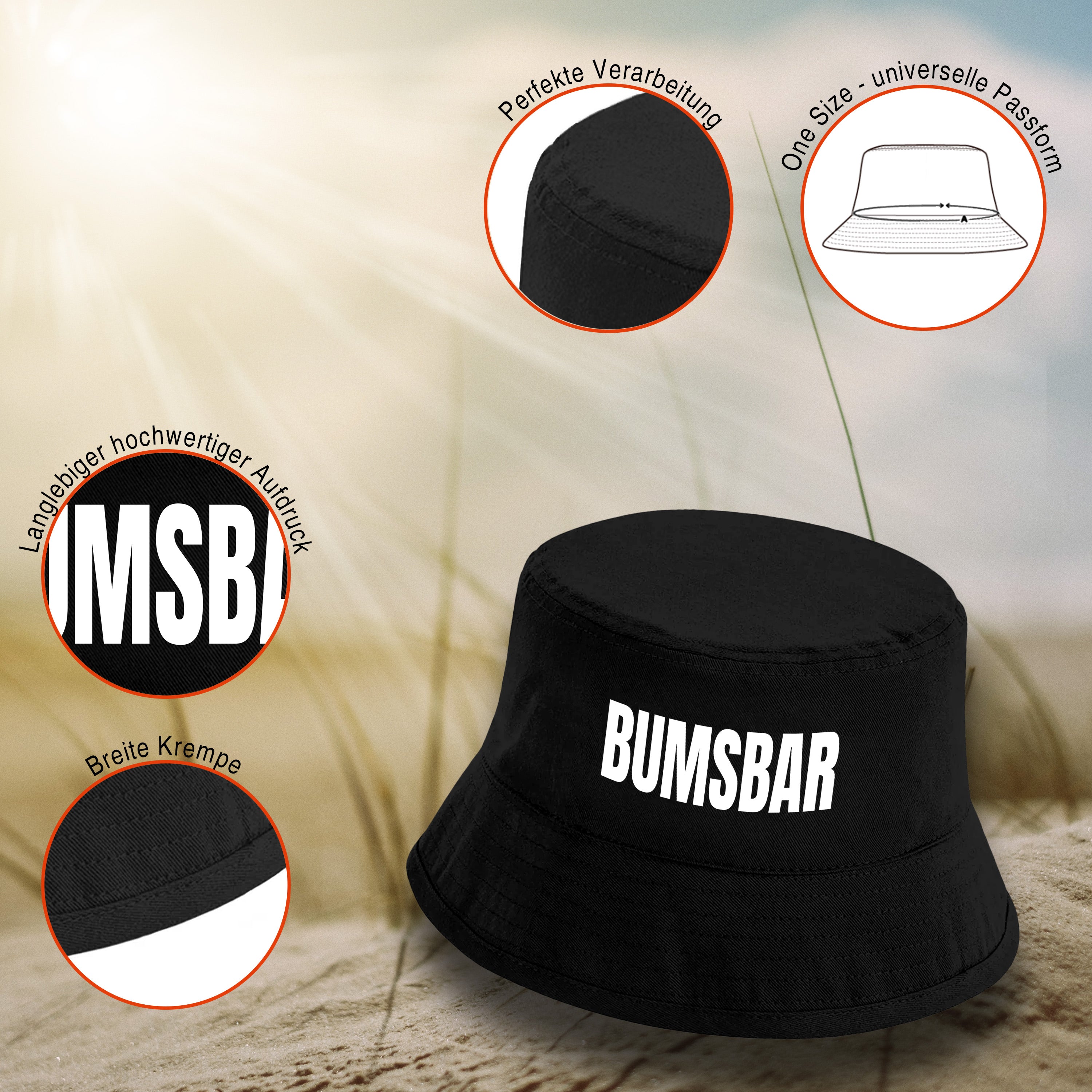 Bucket Hat Schwarz – Bumsbar – Fischerhut mit Spruch – Unisex Einheitsgröße – Festivalhut / Sonnenhut für Damen & Herren