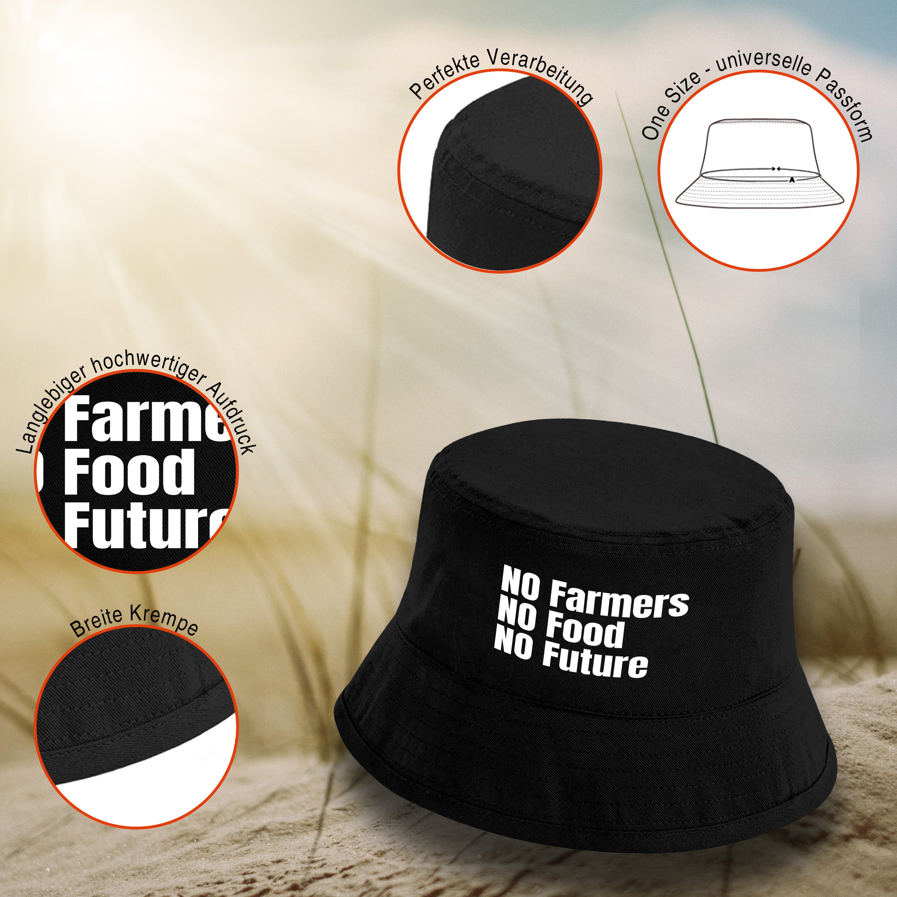 Bucket Hat Schwarz – No Farmers No Food No Future – Fischerhut mit Spruch – Unisex Einheitsgröße – Festivalhut / Sonnenhut für Damen & Herren