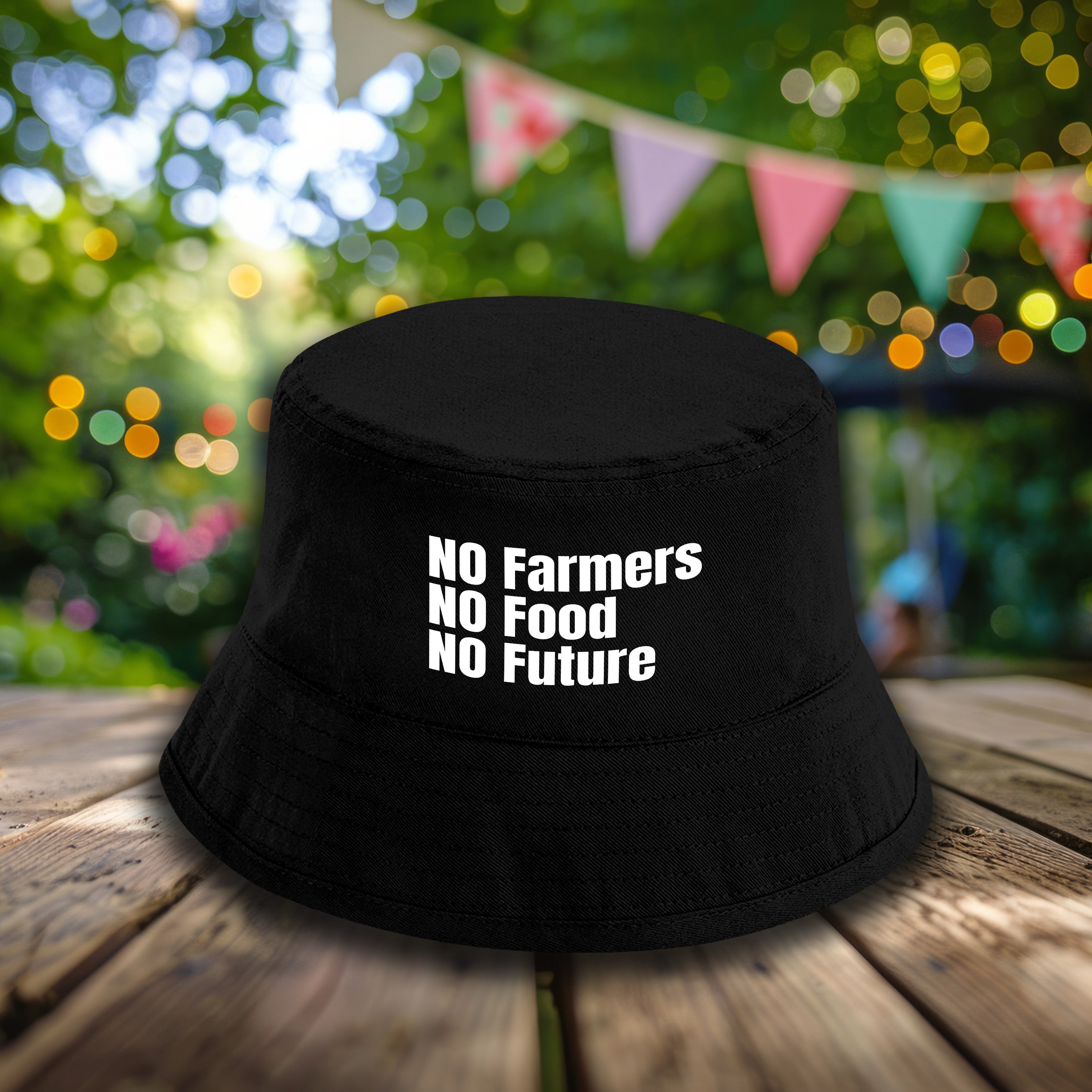 Bucket Hat Schwarz – No Farmers No Food No Future – Fischerhut mit Spruch – Unisex Einheitsgröße – Festivalhut / Sonnenhut für Damen & Herren