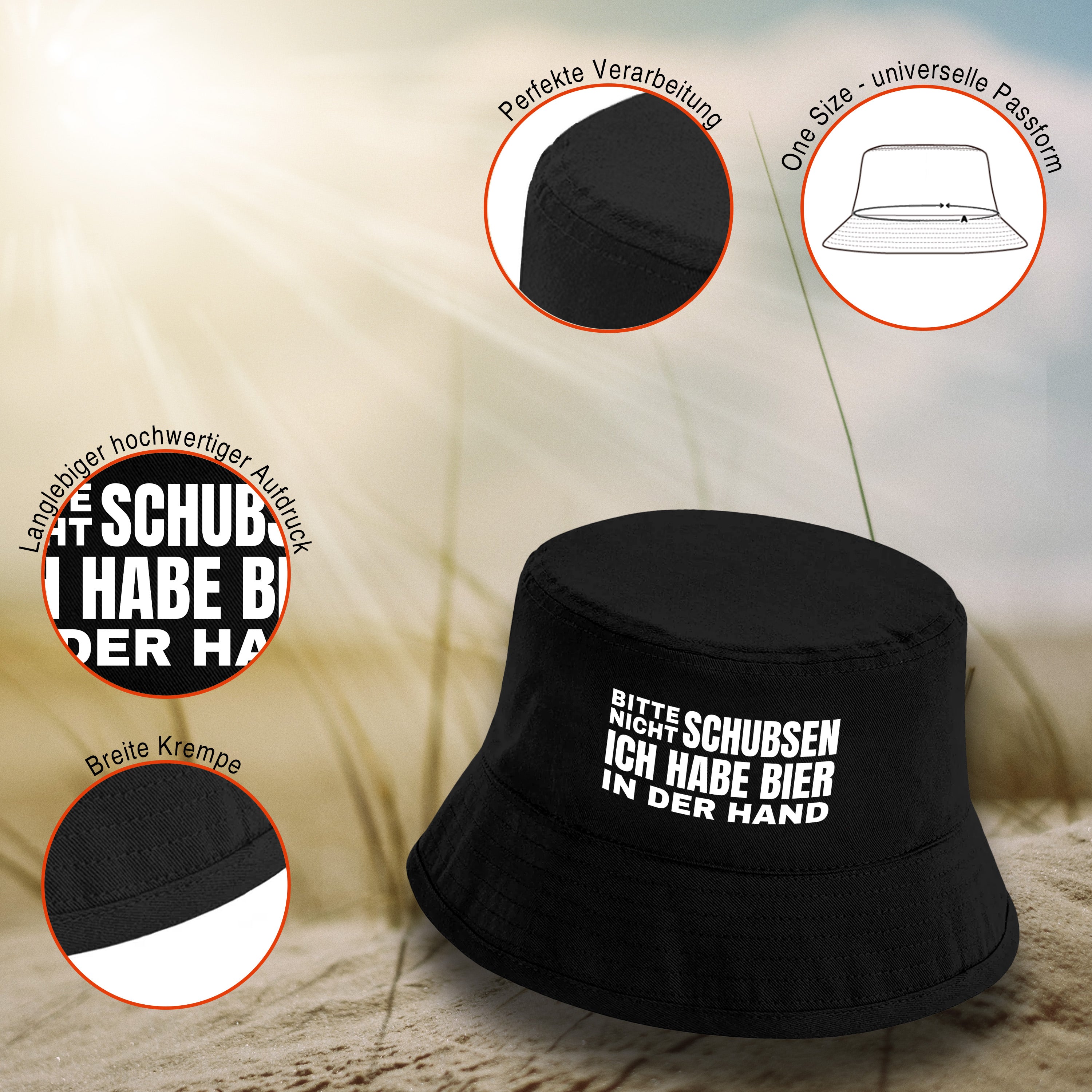 Bucket Hat Schwarz – Bitte nicht schubsen ich habe Bier in der Hand – Fischerhut mit Spruch – Unisex Einheitsgröße – Festivalhut / Sonnenhut für Damen & Herren