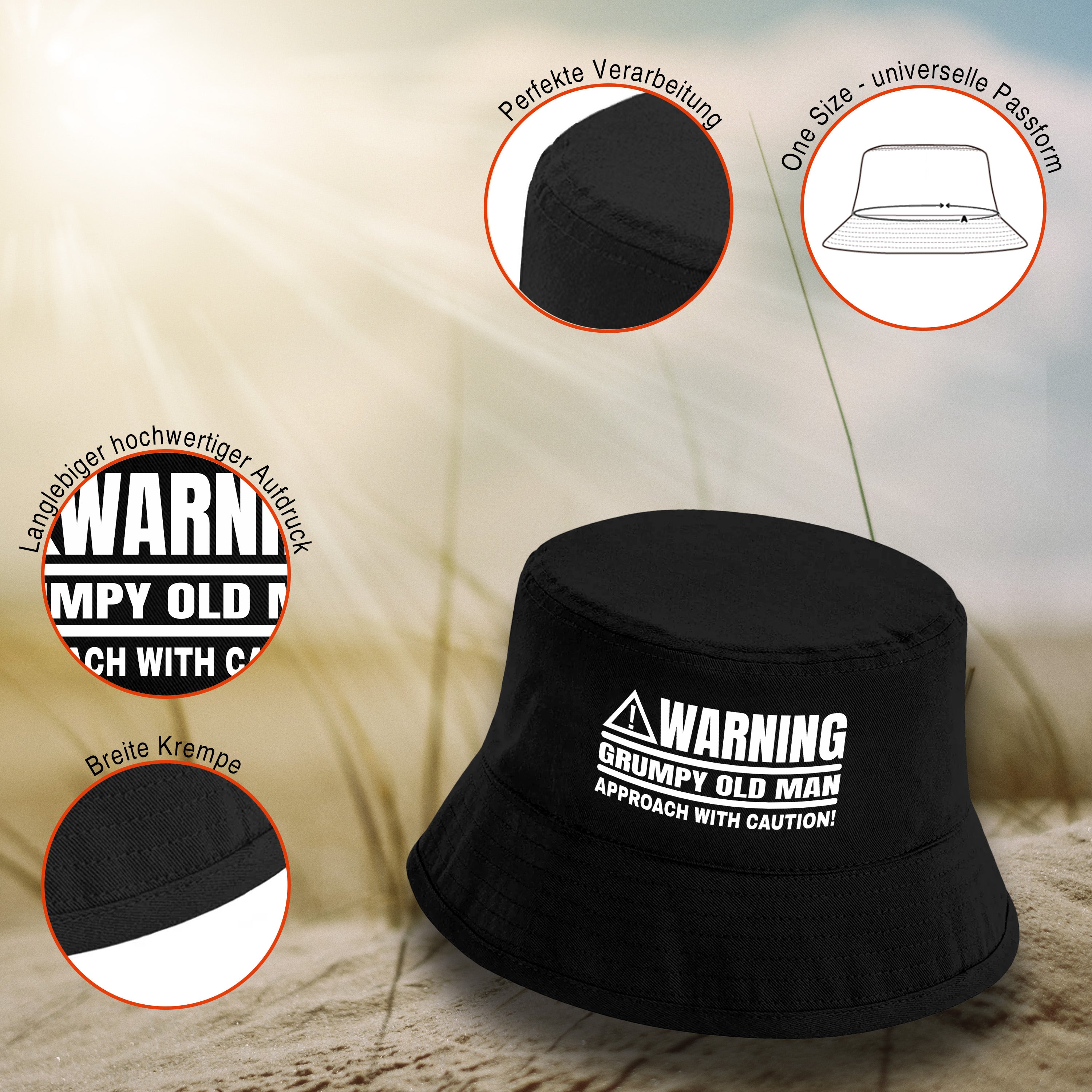 Bucket Hat Schwarz – Warning - Grumpy old man – Fischerhut mit Spruch – Unisex Einheitsgröße – Festivalhut / Sonnenhut für Damen & Herren