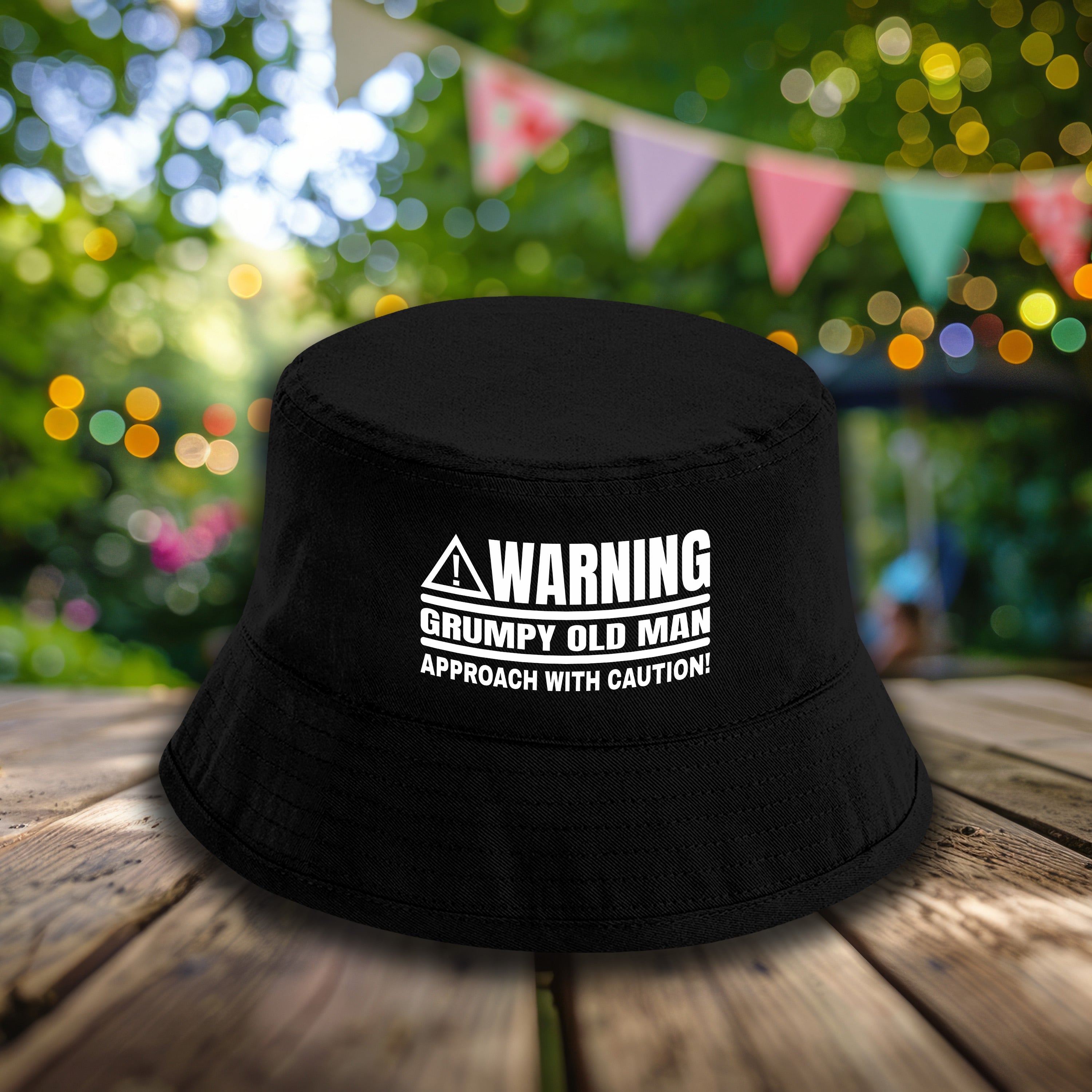 Bucket Hat Schwarz – Warning - Grumpy old man – Fischerhut mit Spruch – Unisex Einheitsgröße – Festivalhut / Sonnenhut für Damen & Herren