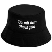 Bucket Hat Schwarz – Die mit dem Hund geht – Fischerhut mit Spruch – Unisex Einheitsgröße – Festivalhut / Sonnenhut für Damen & Herren