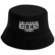 Bucket Hat Schwarz – Oh schon Bier Uhr – Fischerhut mit Spruch – Unisex Einheitsgröße – Festivalhut / Sonnenhut für Damen & Herren