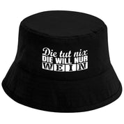 Bucket Hat Schwarz – Die tut nix die will nur Wein – Fischerhut mit Spruch – Unisex Einheitsgröße – Festivalhut / Sonnenhut für Damen & Herren