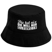 Bucket Hat Schwarz – Die tut nix - Die will nur Glühwein – Fischerhut mit Spruch – Unisex Einheitsgröße – Festivalhut / Sonnenhut für Damen & Herren