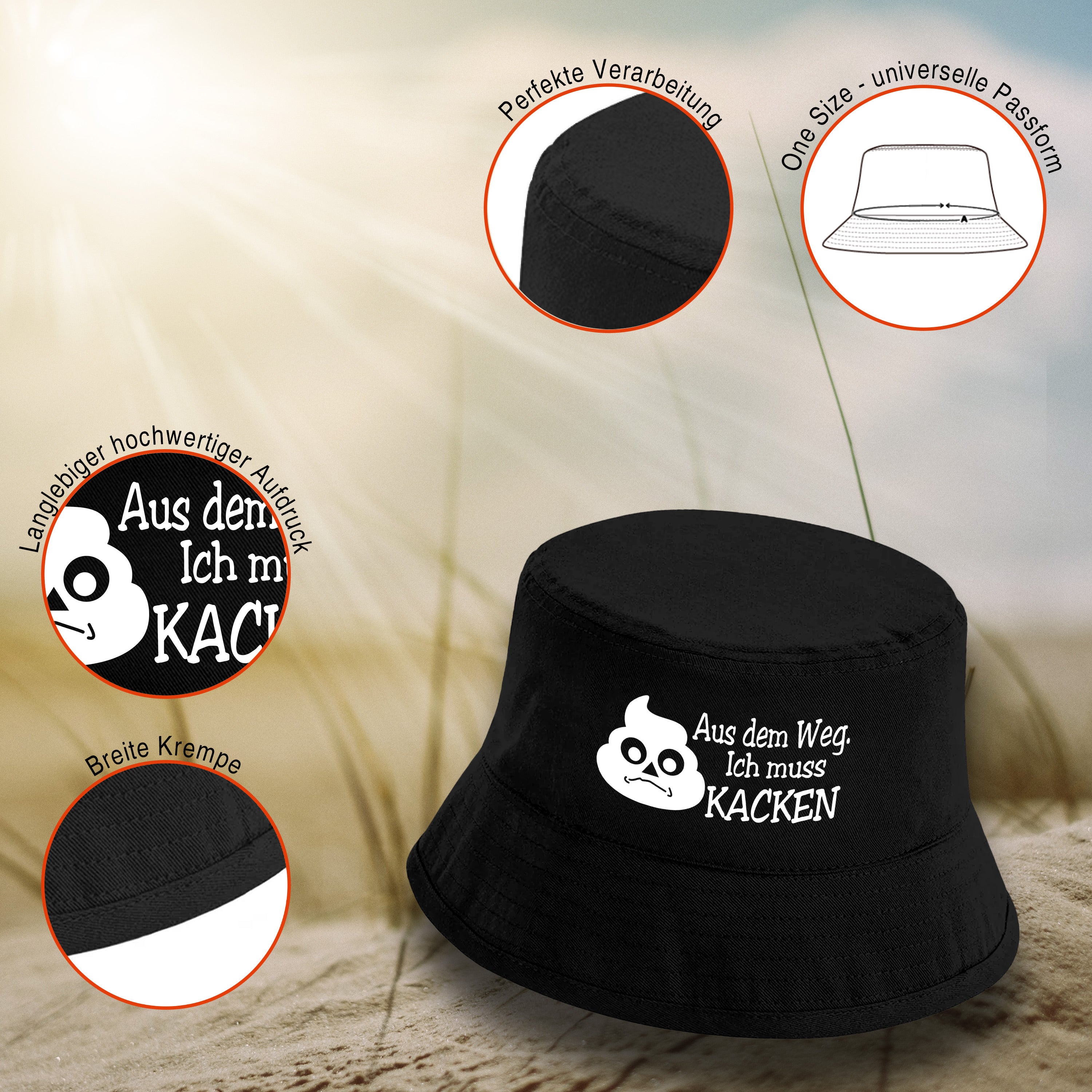 Bucket Hat Schwarz – Aus dem Weg. Ich muss kacken – Fischerhut mit Spruch – Unisex Einheitsgröße – Festivalhut / Sonnenhut für Damen & Herren