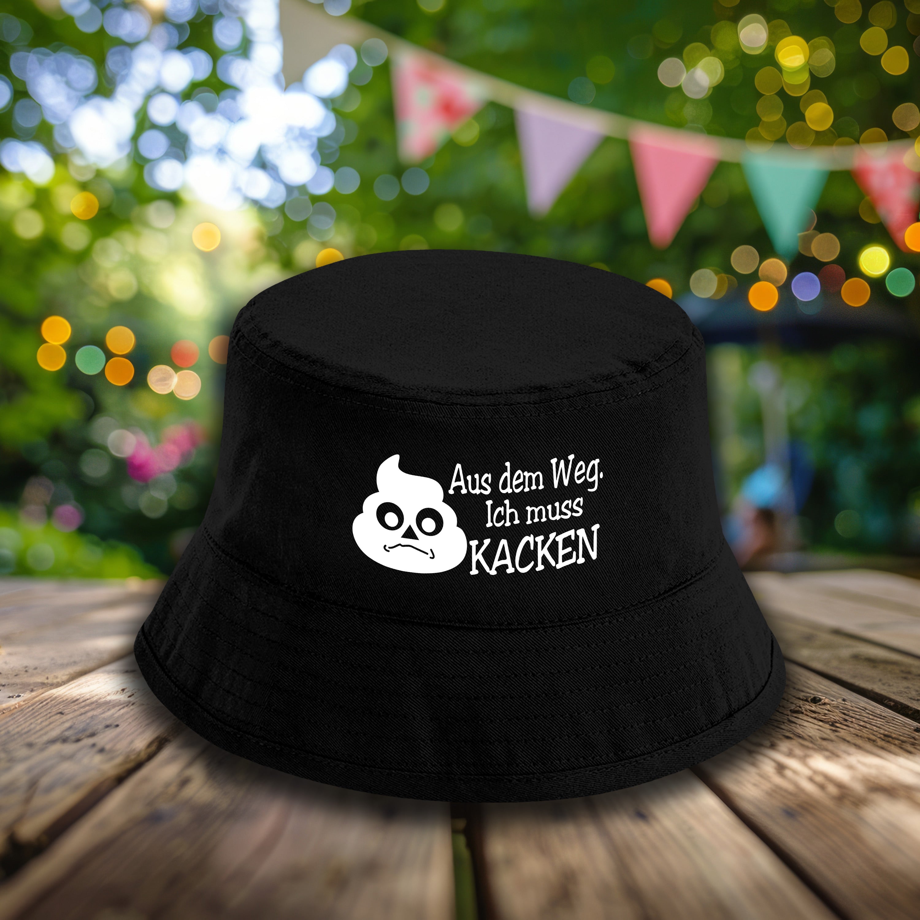 Bucket Hat Schwarz – Aus dem Weg. Ich muss kacken – Fischerhut mit Spruch – Unisex Einheitsgröße – Festivalhut / Sonnenhut für Damen & Herren